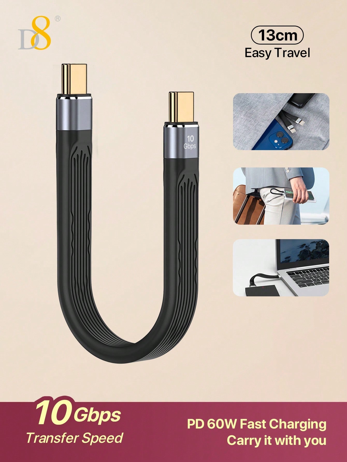 D8 USB C 3.1 Gen 2 Cable (13CM) ā 10Gbps Data Transfer, 60W PD Fast Charging, 4K Video Output