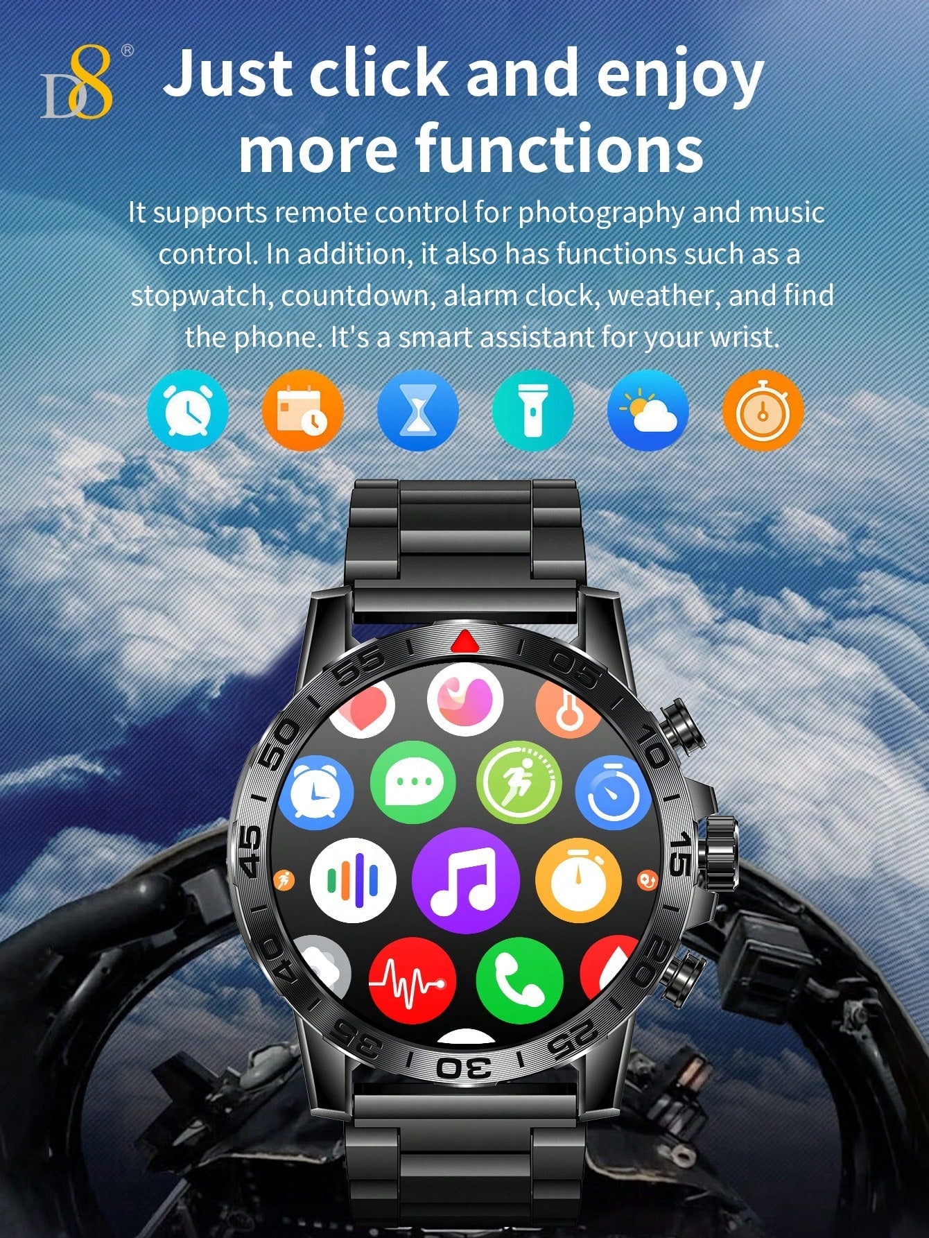 D8 Men's Rugged Smartwatch, 1.39" HD, IP67 Waterproof, 100 Sports Modes