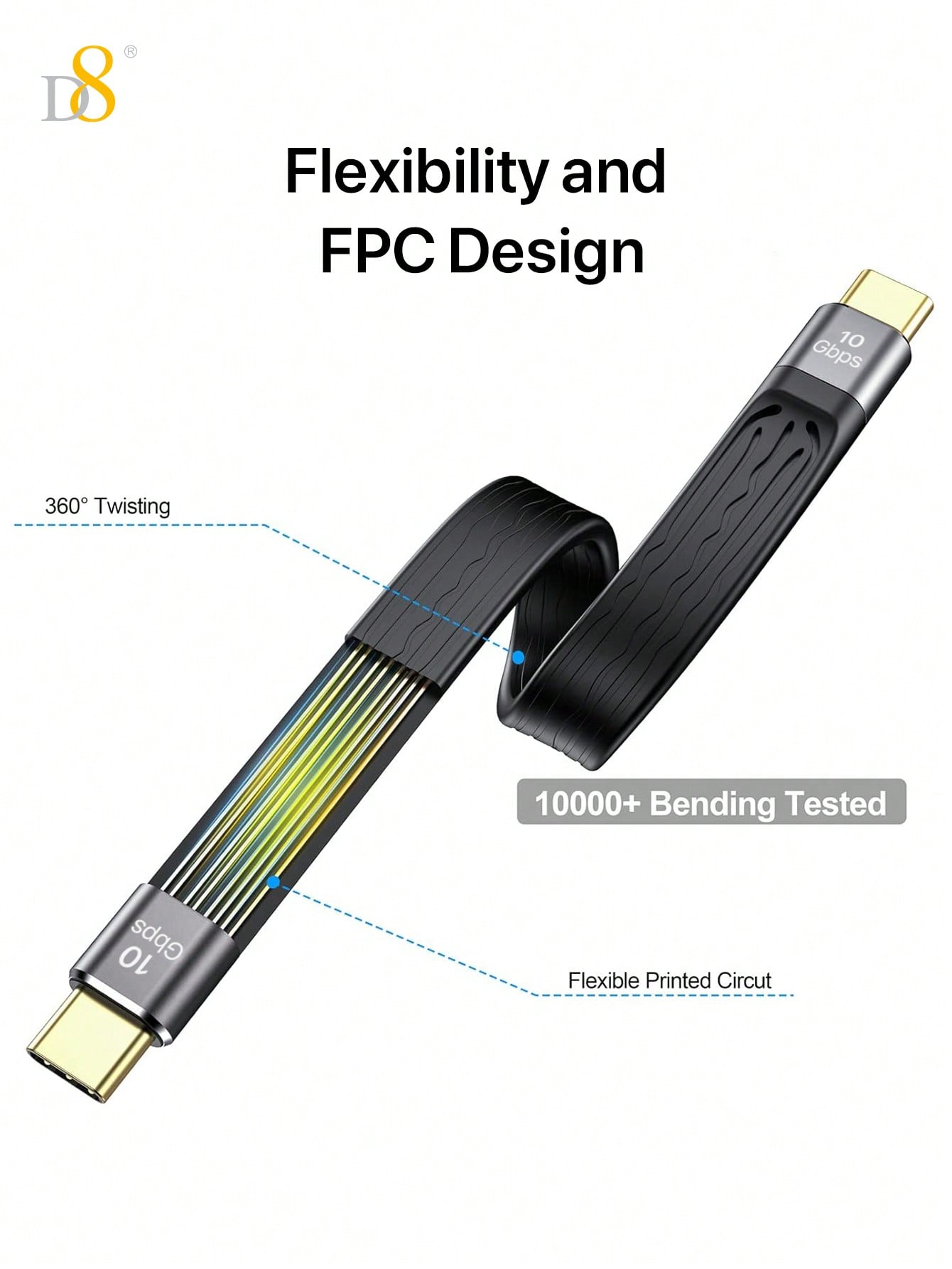 D8 USB C 3.1 Gen 2 Cable (13CM) ā 10Gbps Data Transfer, 60W PD Fast Charging, 4K Video Output