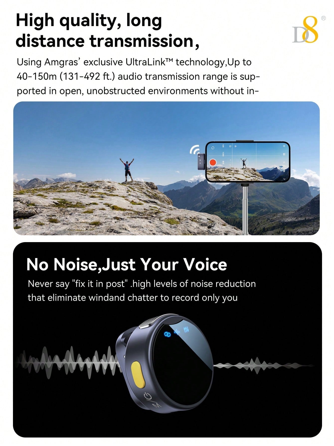 D8 Wireless Lavalier Mic, Auto Sync, Noise Reduction, 23H Battery, Pro Audio