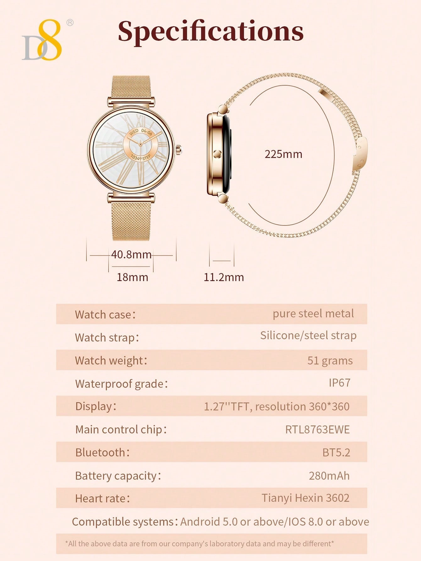 D8 Women's Smartwatch, 1.27" TFT, Calls, IP67, 100+ Sports, Heart Monitor
