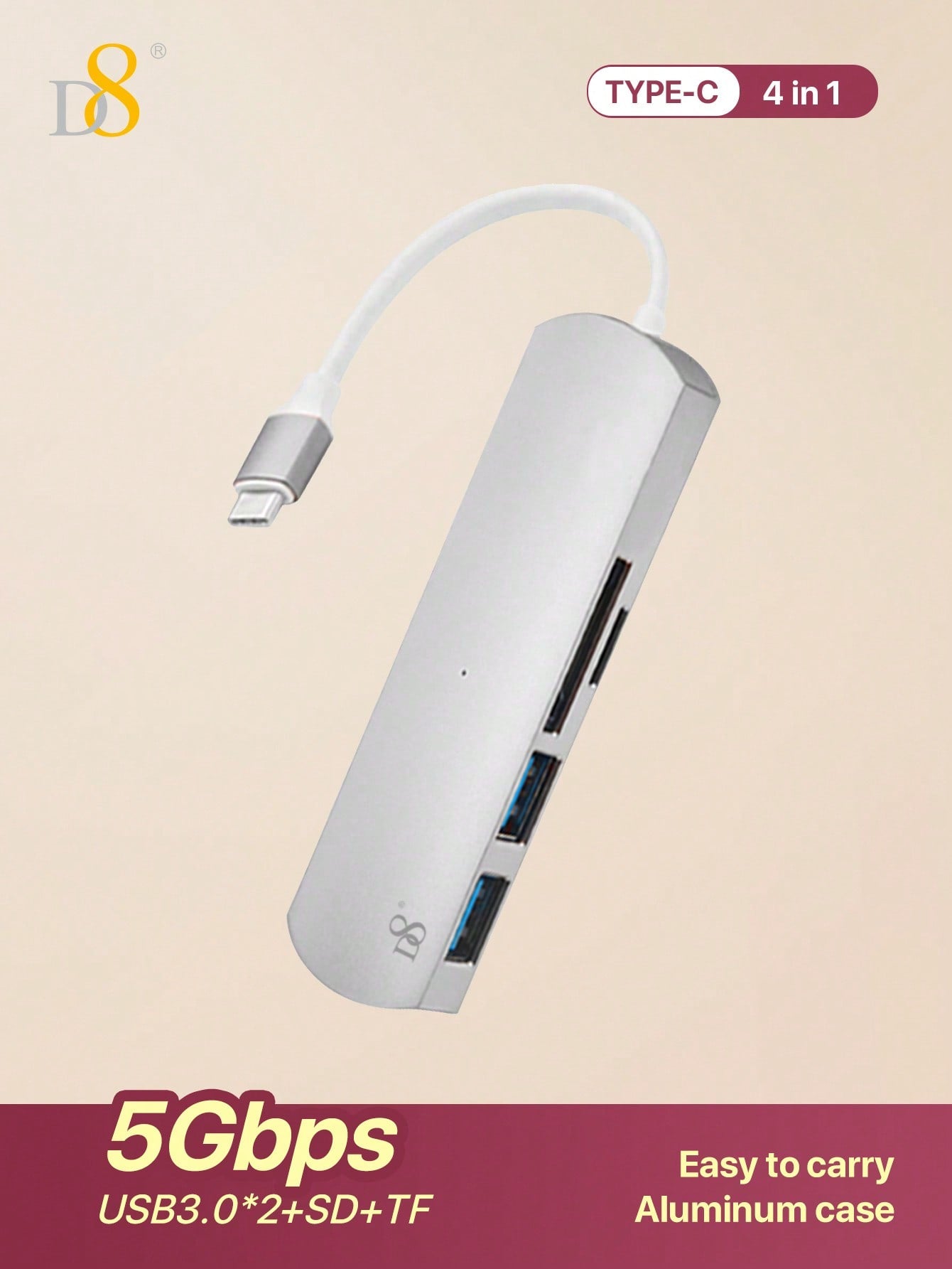 D8 4-in-1 USB C Hub - USB-C, 2 USB A 3.0, SD/TF Reader, 5Gbps, Aluminum Design