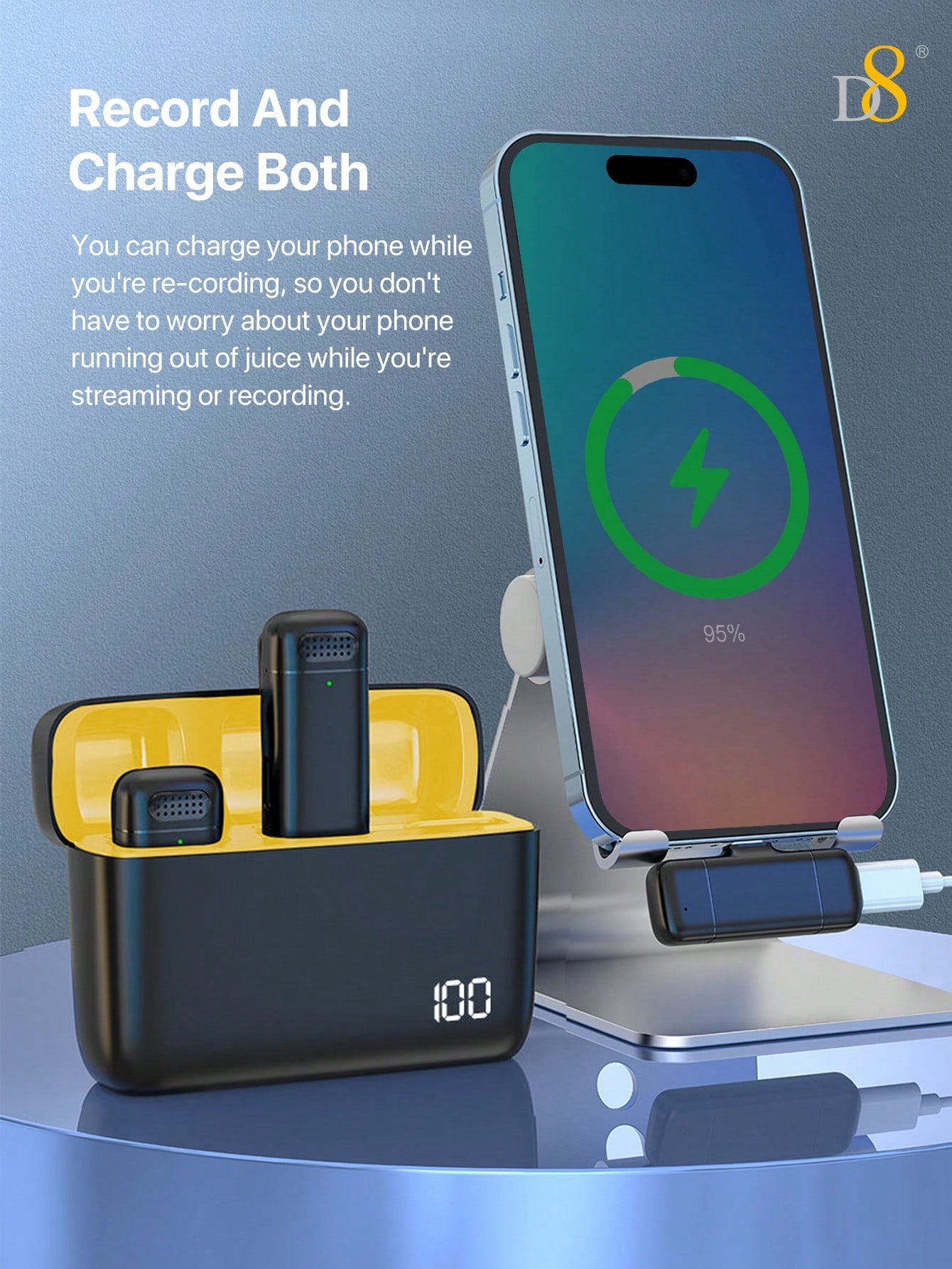 D8 Wireless Lavalier Mic, USB-C, 2-in-1, 70H Battery, With Charging Case