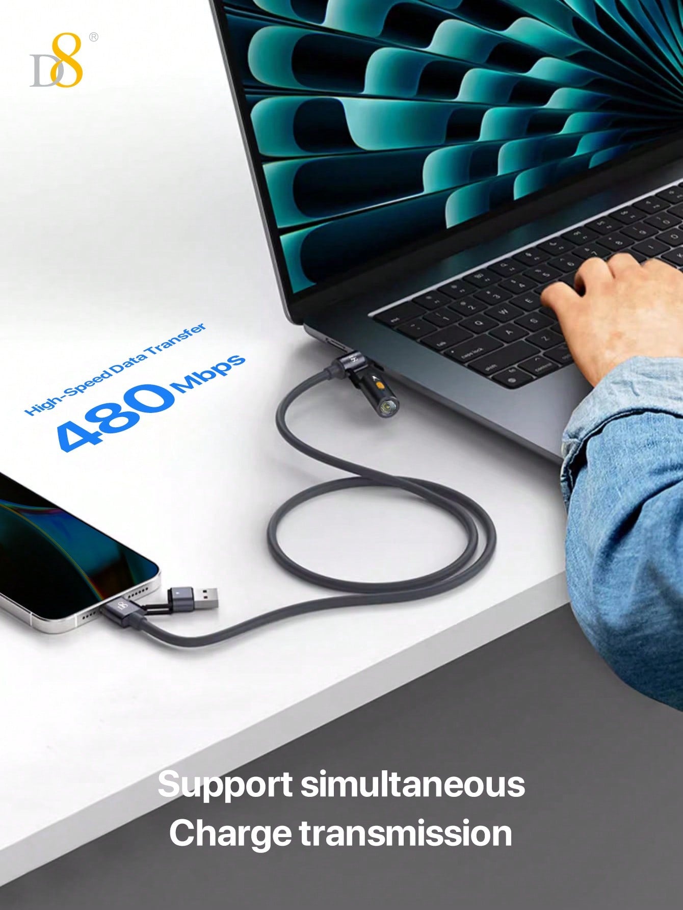 D8 240W 3-in-1 Charging Cable with LED Lamp, Fast USB-C for MacBook