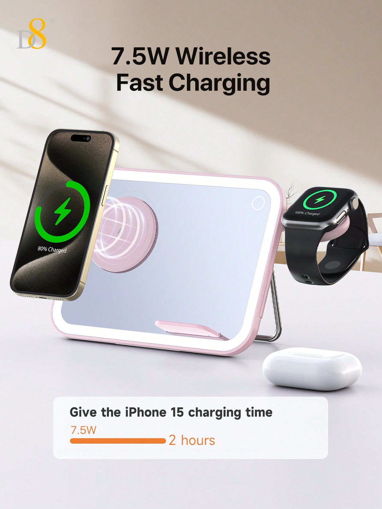 D8 3-in-1 Wireless Charger – 7.5W Fast Charging, LED Mirror & Night Light