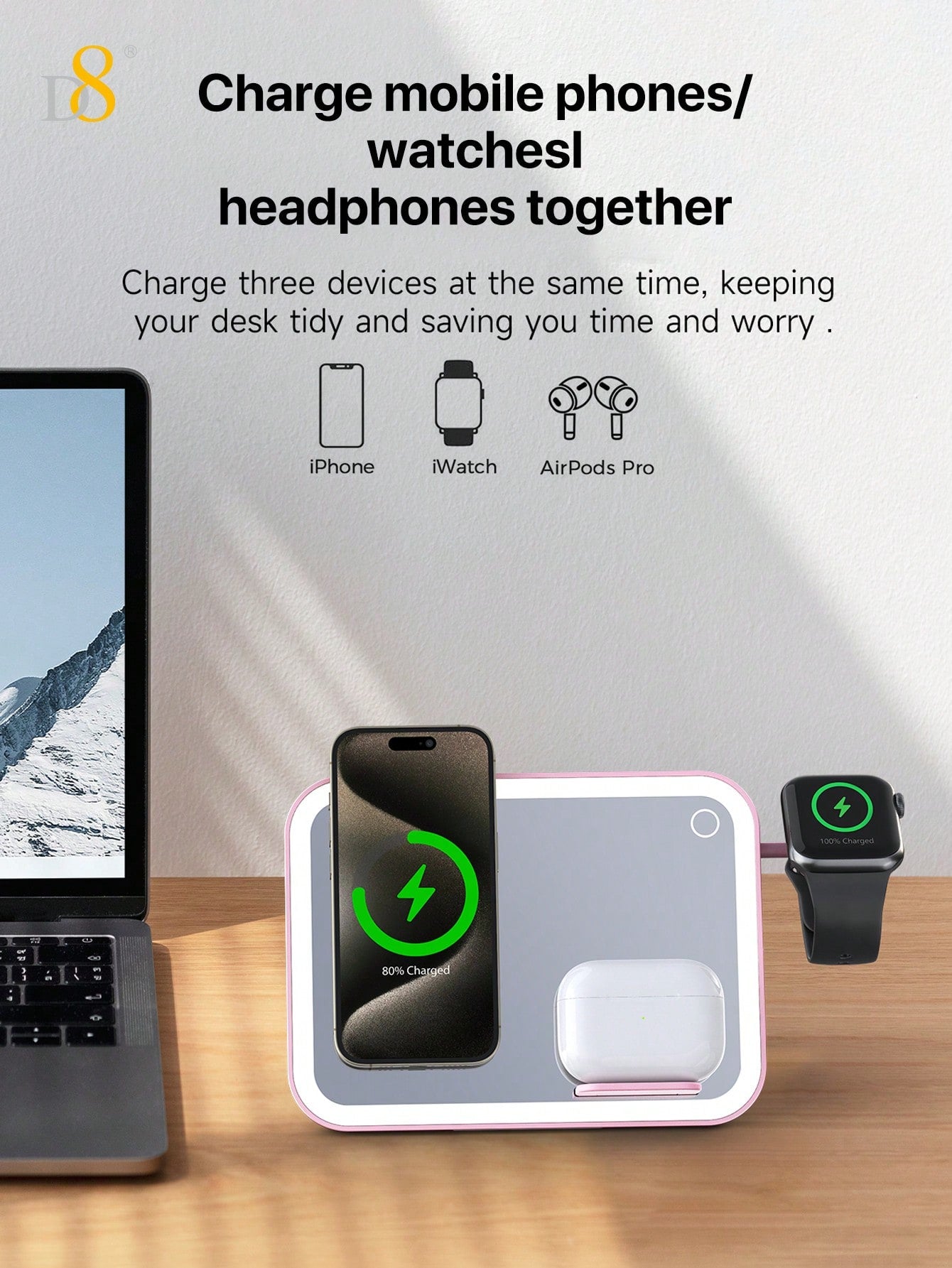 D8 3-in-1 Wireless Charger – 7.5W Fast Charging, LED Mirror & Night Light