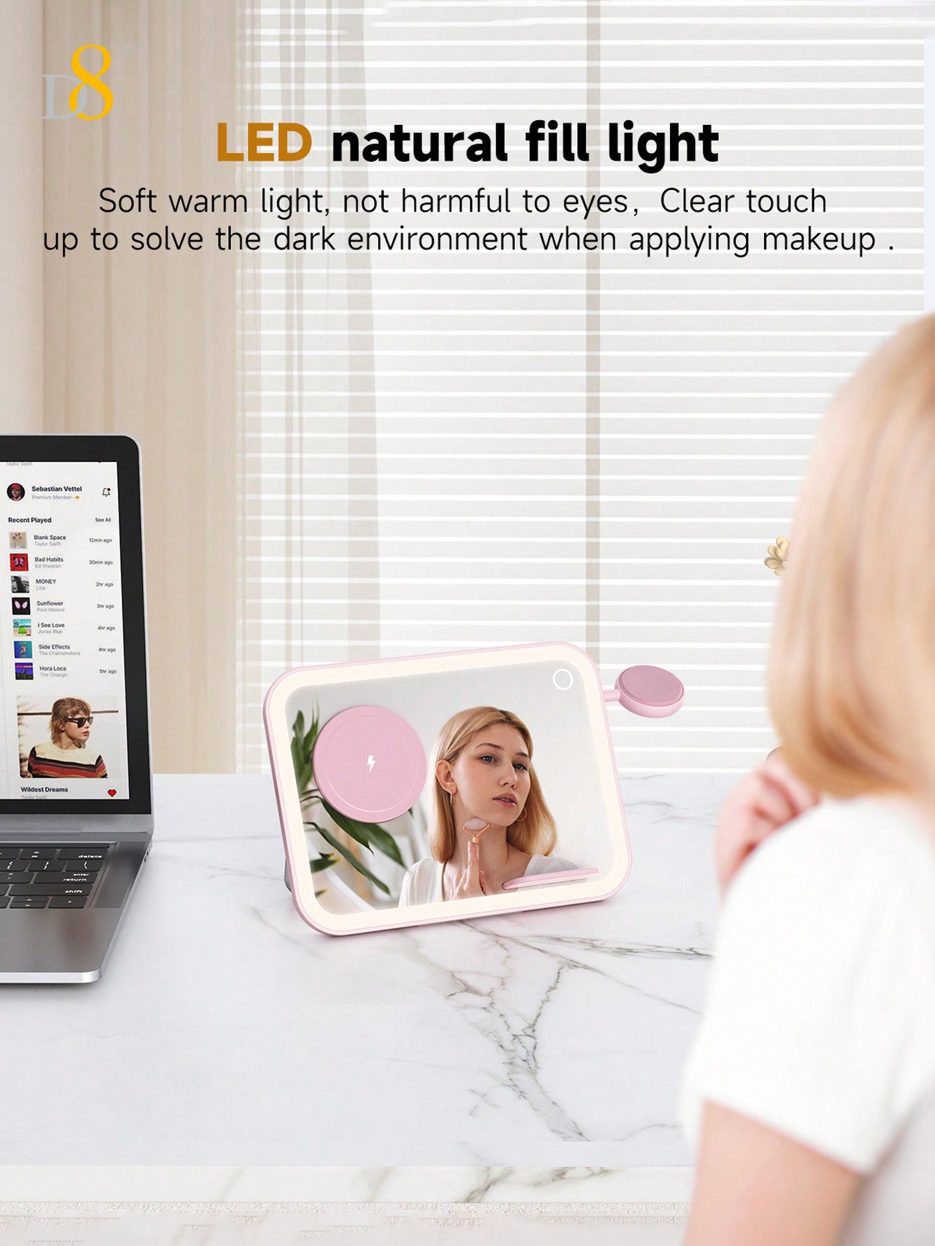 D8 3-in-1 Wireless Charger – 7.5W Fast Charging, LED Mirror & Night Light