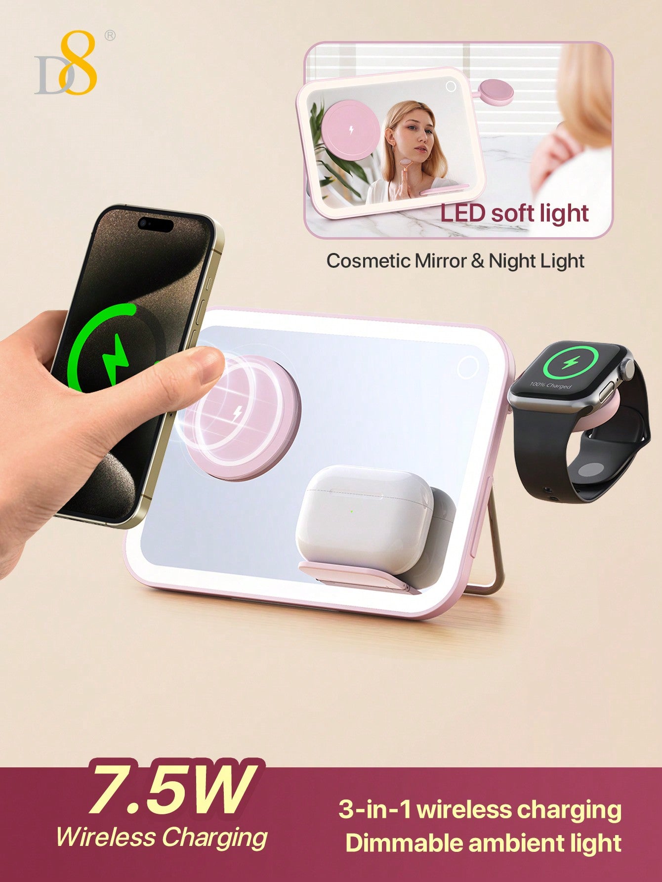 D8 3-in-1 Wireless Charger – 7.5W Fast Charging, LED Mirror & Night Light