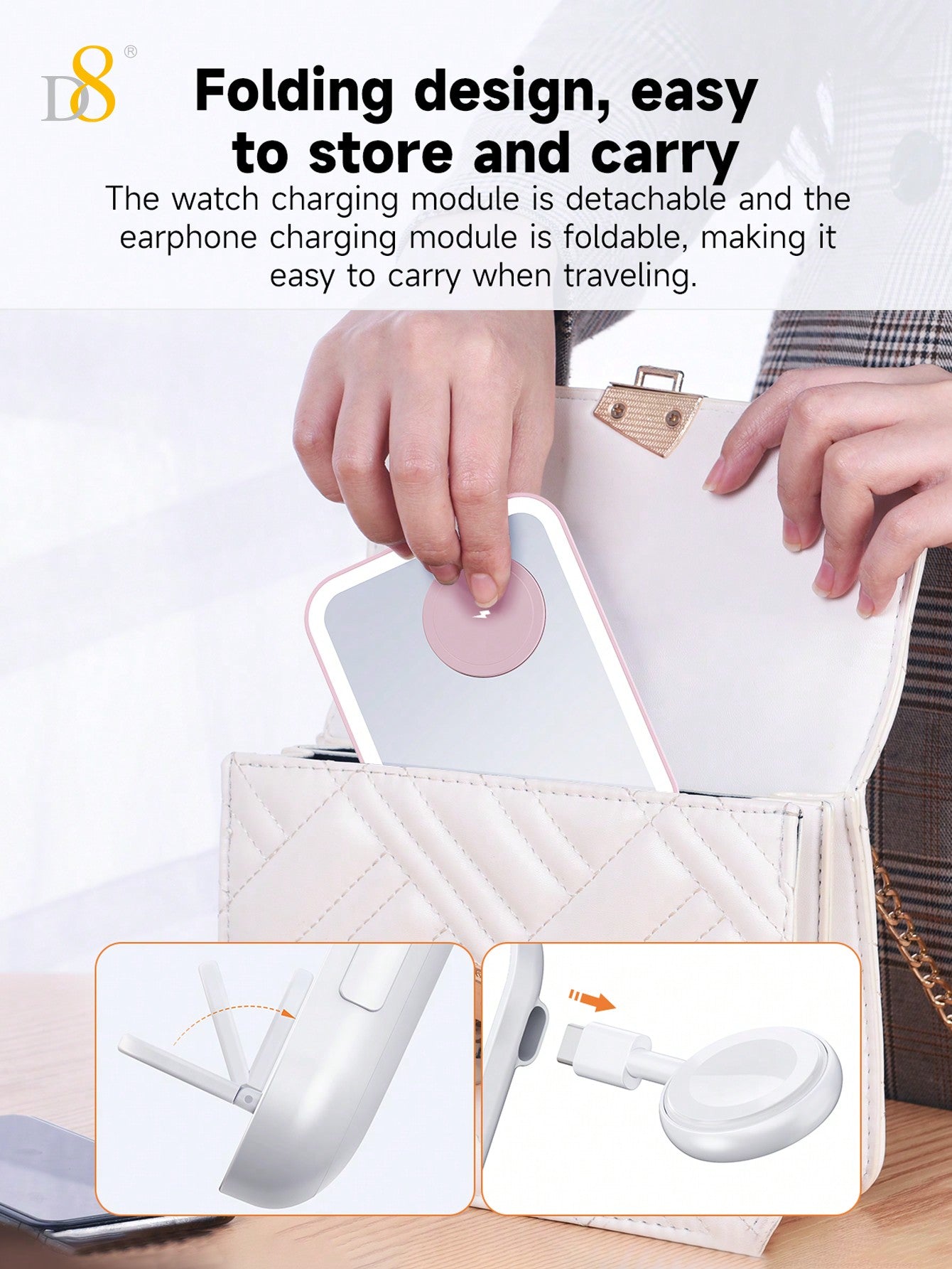 D8 3-in-1 Wireless Charger – 7.5W Fast Charging, LED Mirror & Night Light