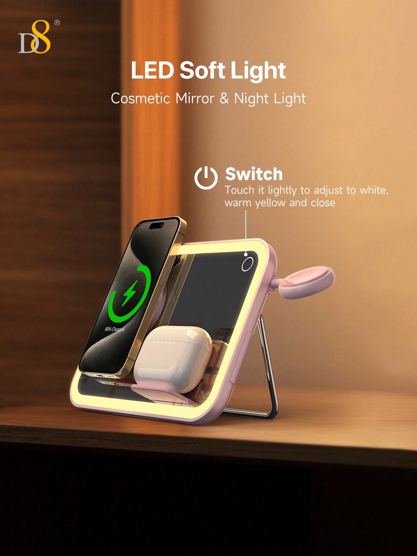 D8 3-in-1 Wireless Charger – 7.5W Fast Charging, LED Mirror & Night Light
