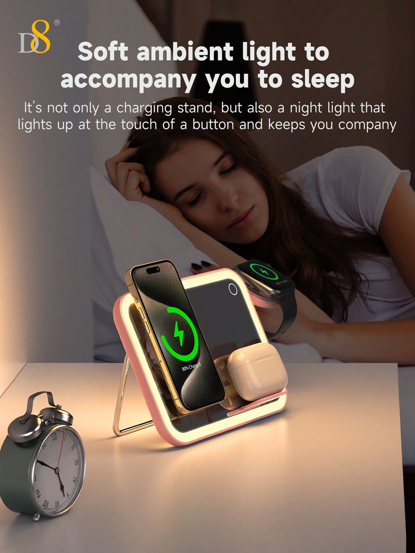 D8 3-in-1 Wireless Charger – 7.5W Fast Charging, LED Mirror & Night Light