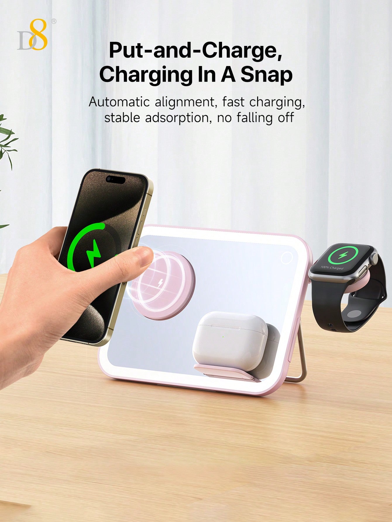 D8 3-in-1 Wireless Charger – 7.5W Fast Charging, LED Mirror & Night Light