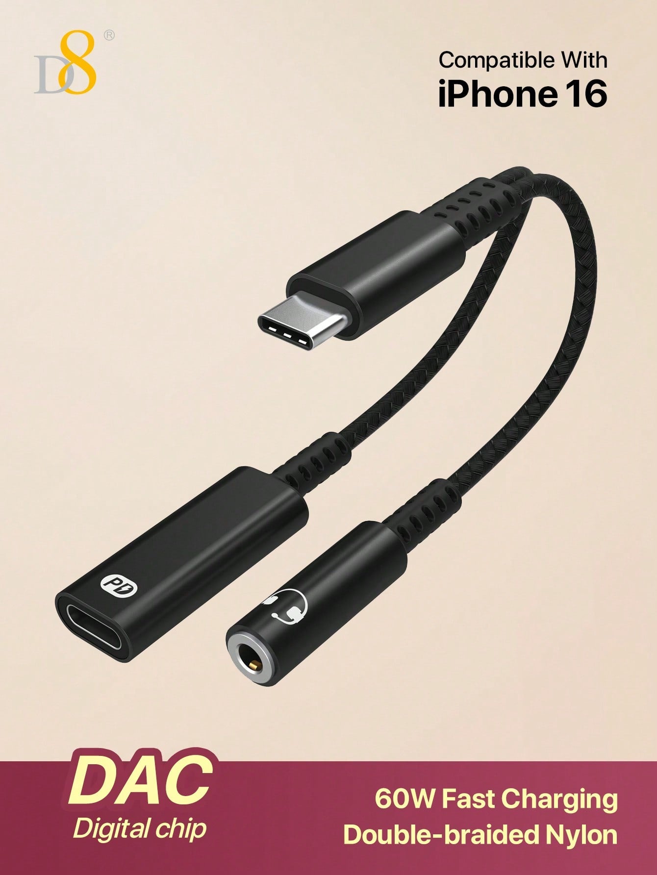 D8 USB-C Audio & Charger Adapter – 2-in-1 60W PD Dongle for iPhone, iPad, Galaxy