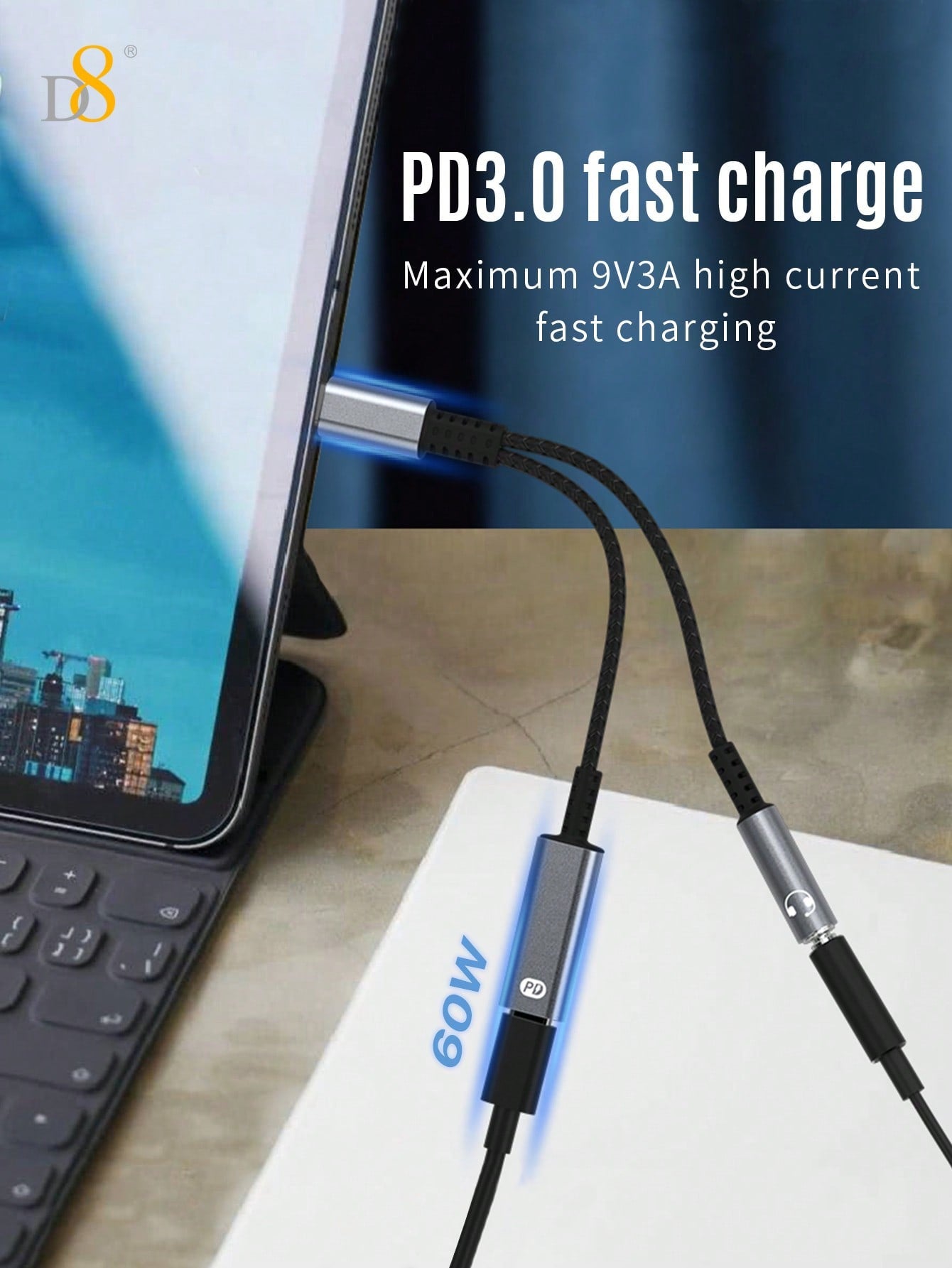 D8 USB-C Audio & Charger Adapter – 2-in-1 60W PD Dongle for iPhone, iPad, Galaxy