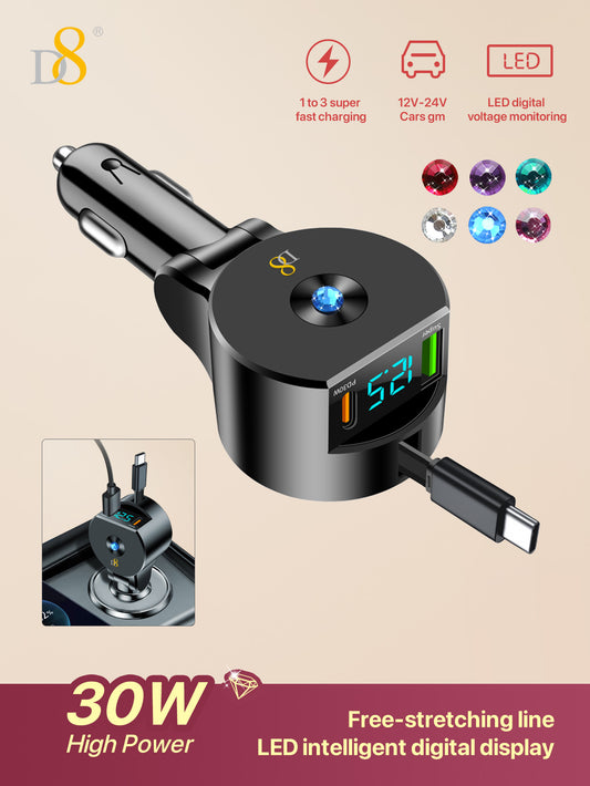 D8 3-in-1 Retractable Car Charger – 30W PD & QC3.0 Fast Charging for iPhone, Samsung, iPad