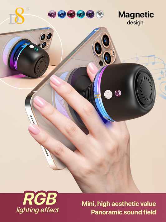 D8 Magnetic Bluetooth Speaker – 10H Playtime, RGB Light, Foldable Phone Stand