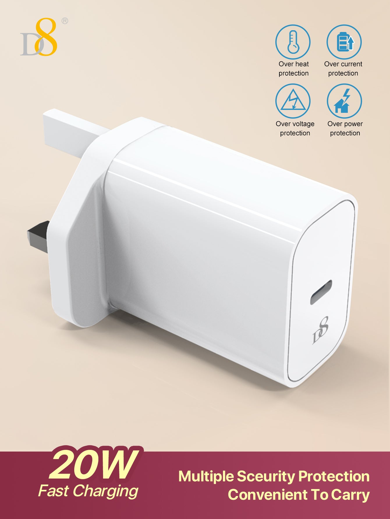 D8 20W USB-C Charger, PD 3.0 Fast Charging for iPhone/iPad (White)