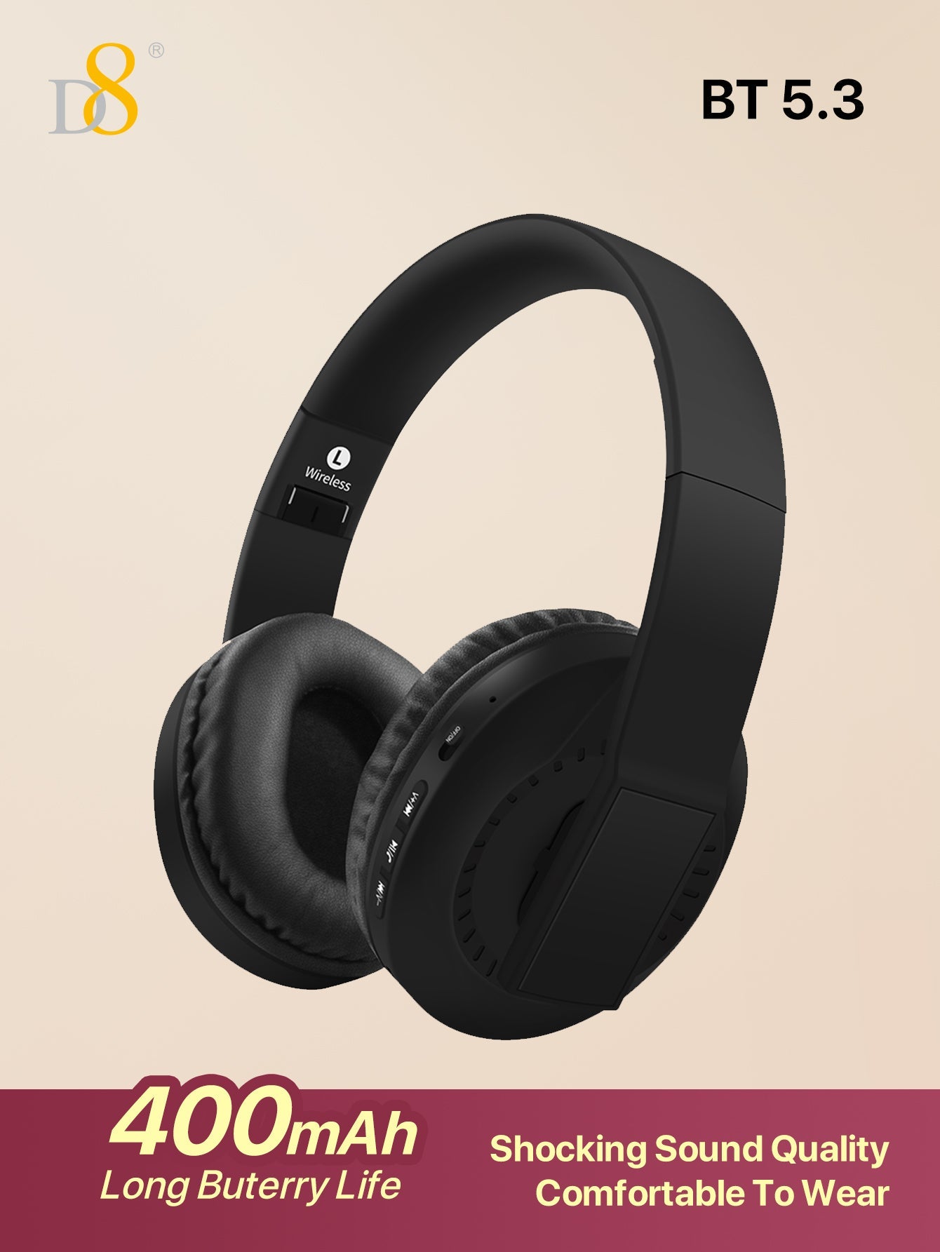 D8 Foldable Over-Ear Headphones, Wireless/Wired, Mic, Deep Bass, 10H Playtime
