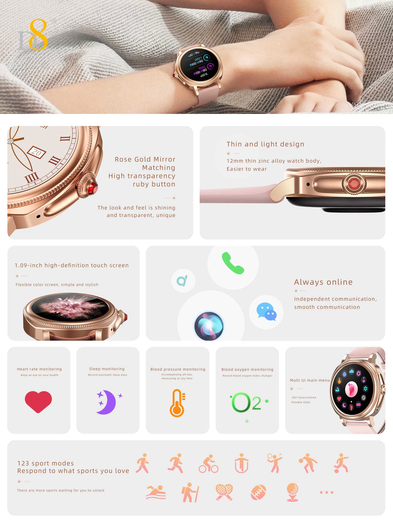 D8 IP68 Waterproof Activity Tracker Smartch For Woman