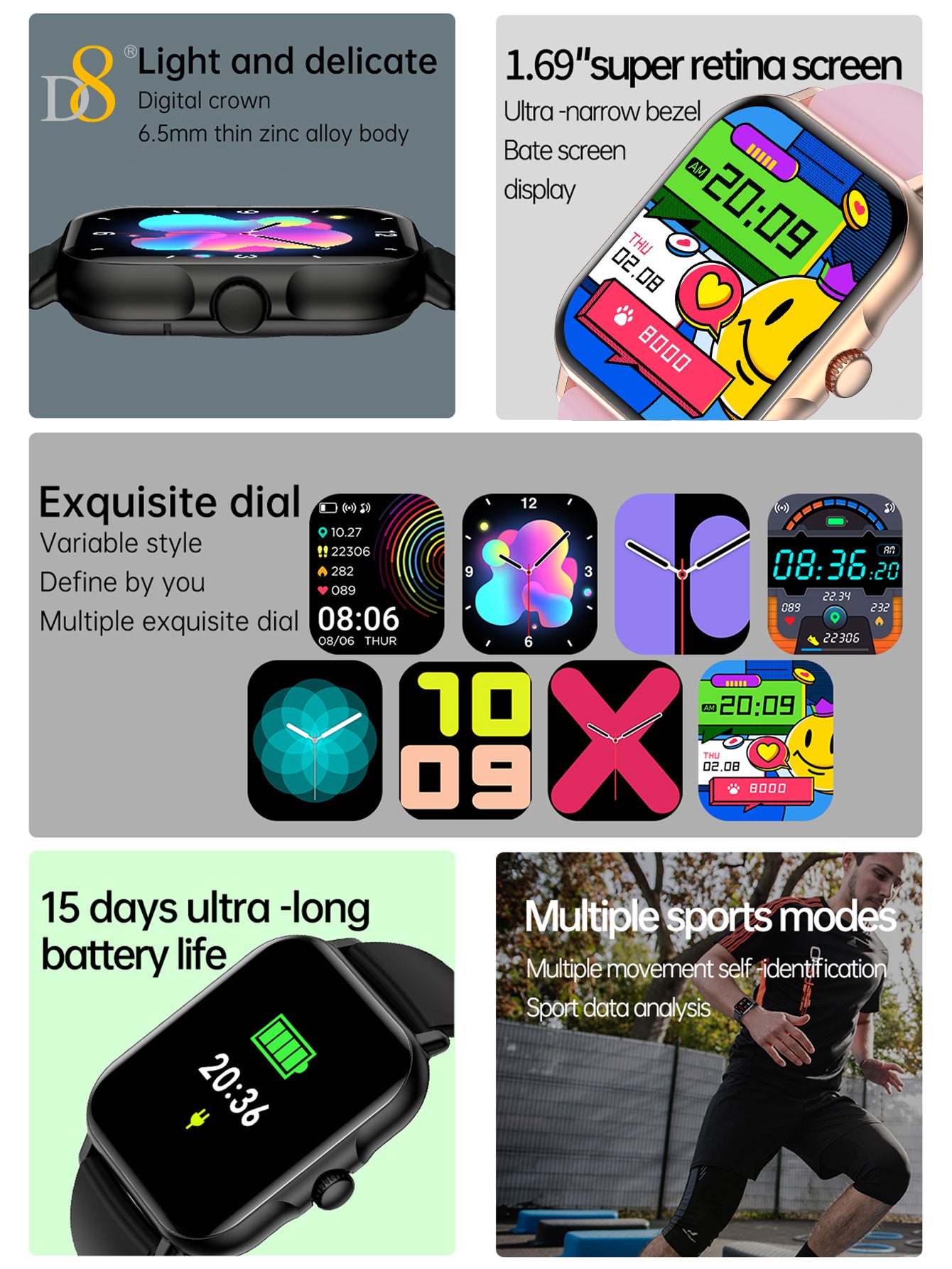 D8UP3 スマートウォッチ、通話機能、健康モニタリング、スポーツ検出、男性と女性向けのフィットネストラッカー、iOSとAndroidに対応