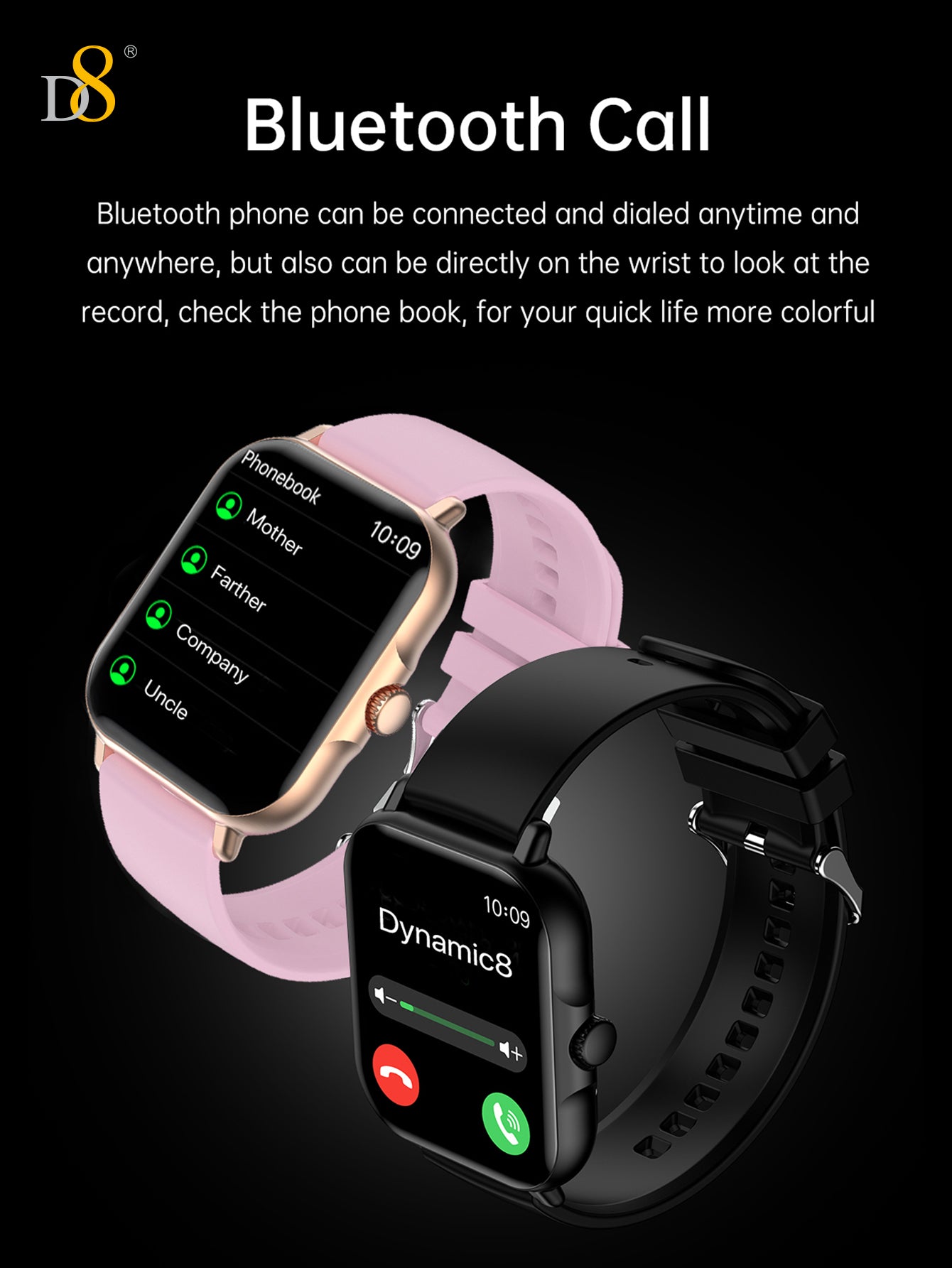 D8UP3 スマートウォッチ、通話機能、健康モニタリング、スポーツ検出、男性と女性向けのフィットネストラッカー、iOSとAndroidに対応