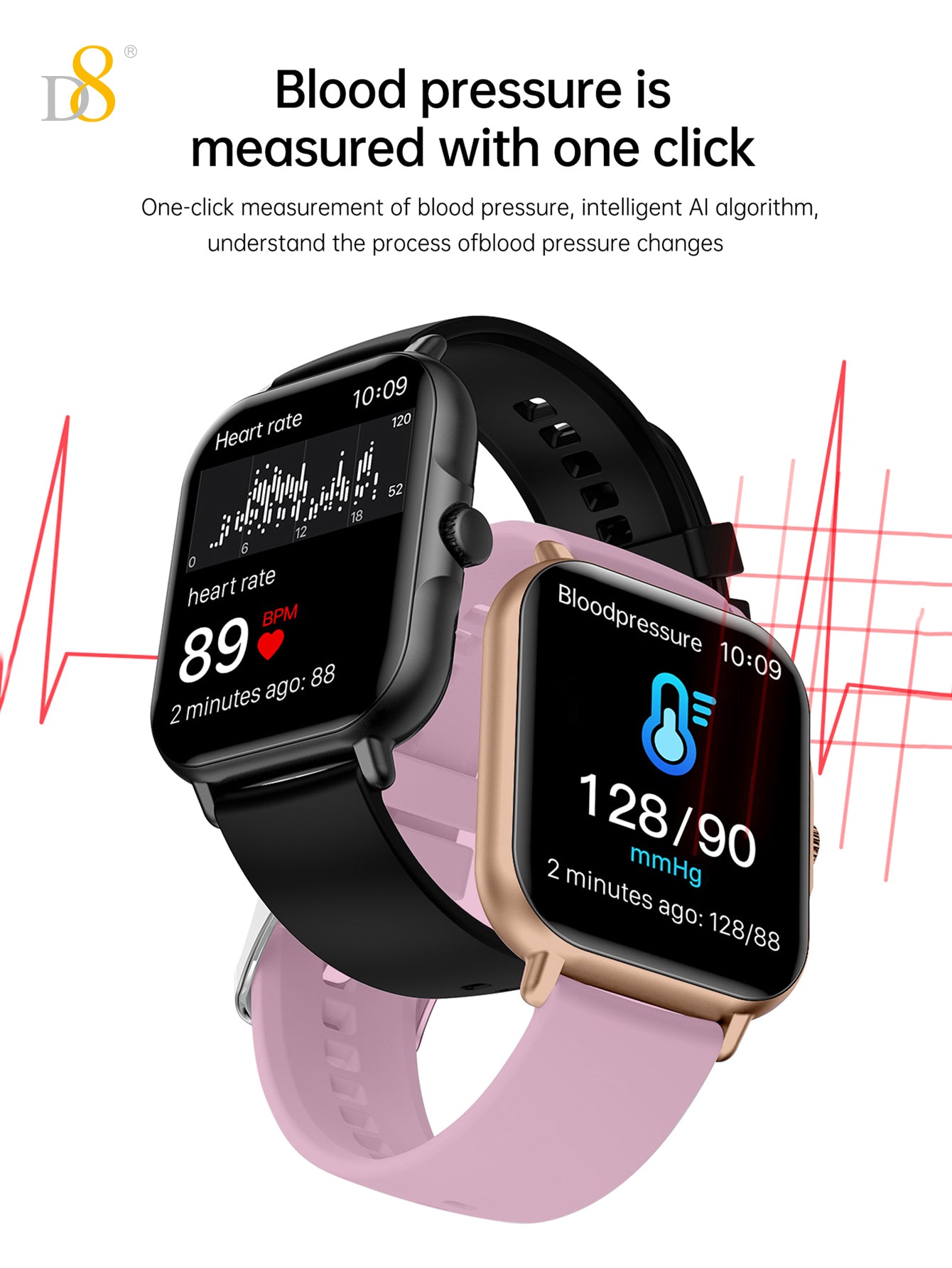 D8UP3 スマートウォッチ、通話機能、健康モニタリング、スポーツ検出、男性と女性向けのフィットネストラッカー、iOSとAndroidに対応