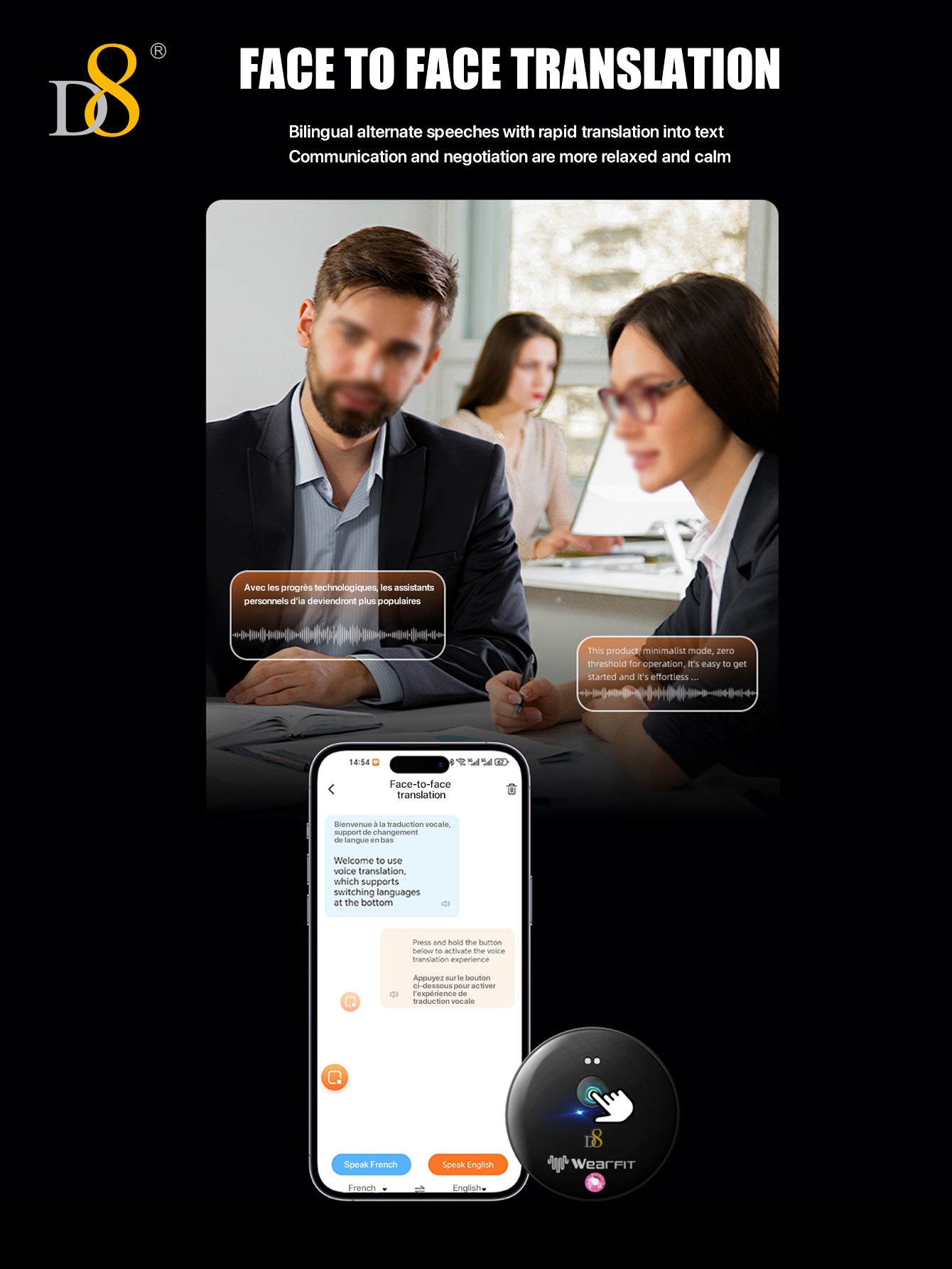 D8 AI Translator Recorder – 50+ Languages, No Fees, App-Controlled for Travel & Business