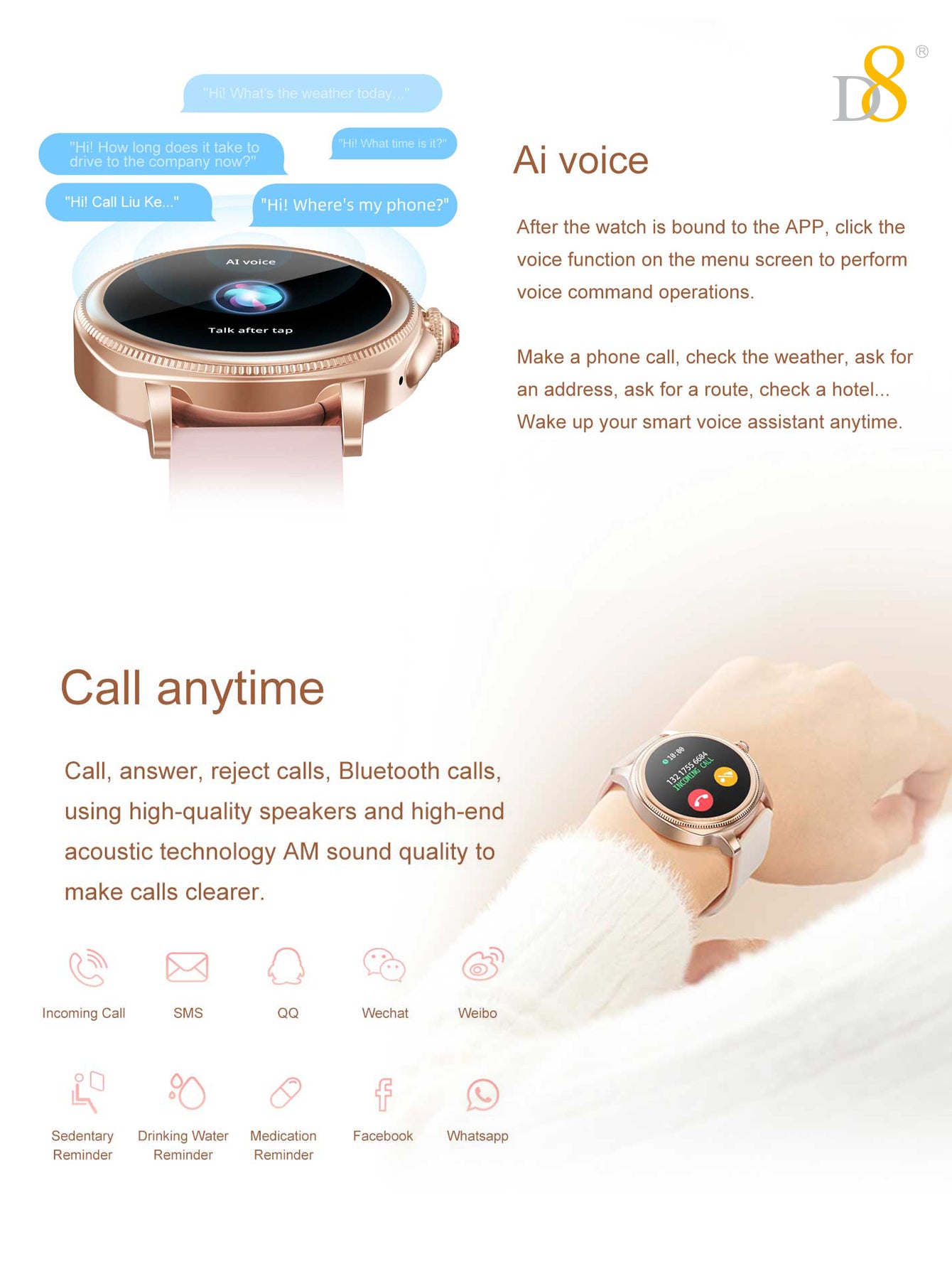 D8 IP68 Waterproof Activity Tracker Smartch For Woman