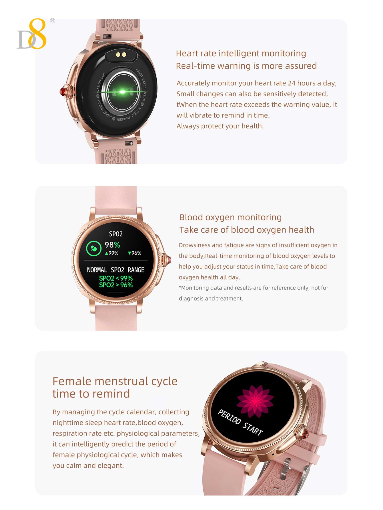 D8 IP68 Waterproof Activity Tracker Smartch For Woman