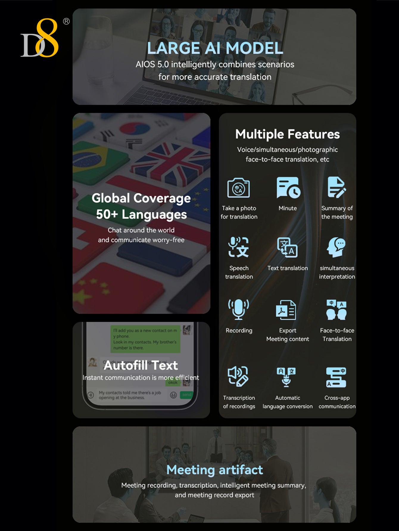 D8 AI Translator Recorder – 50+ Languages, No Fees, App-Controlled for Travel & Business