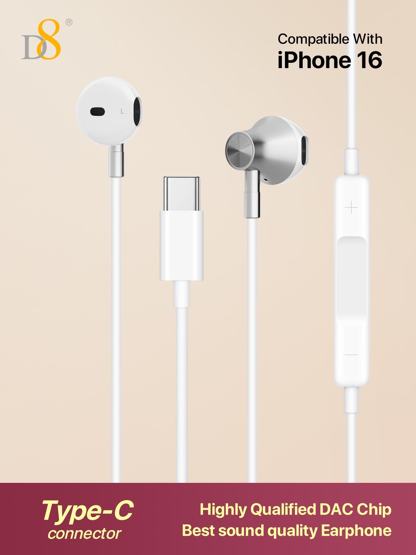 D8 Type C Headphones with Mic & Volume Control - In-Ear Earphones for iPhone 16, iPad Pro, Galaxy & More