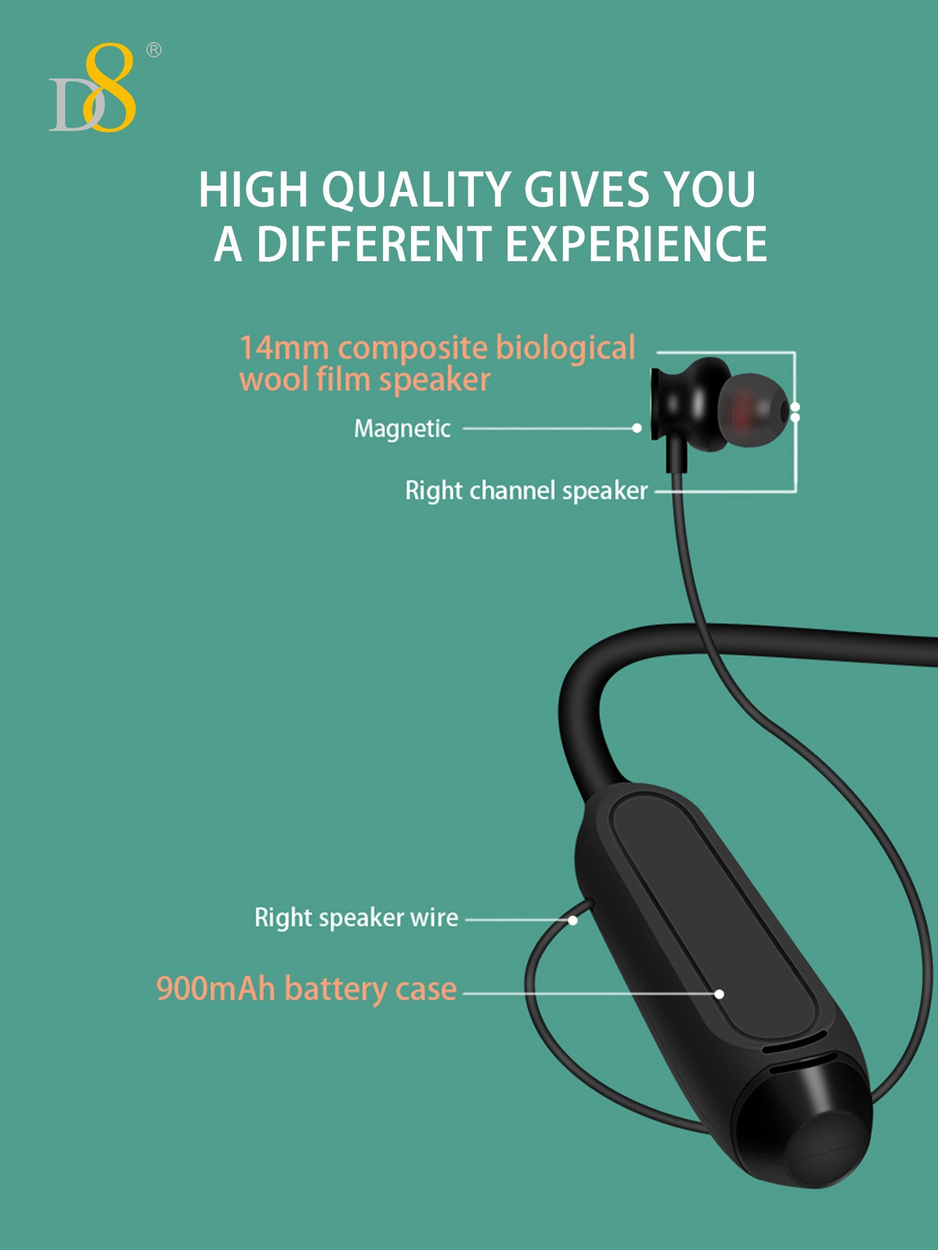 D8 Neckband Wireless Headphones 100H Bluetooth Waterproof Mic