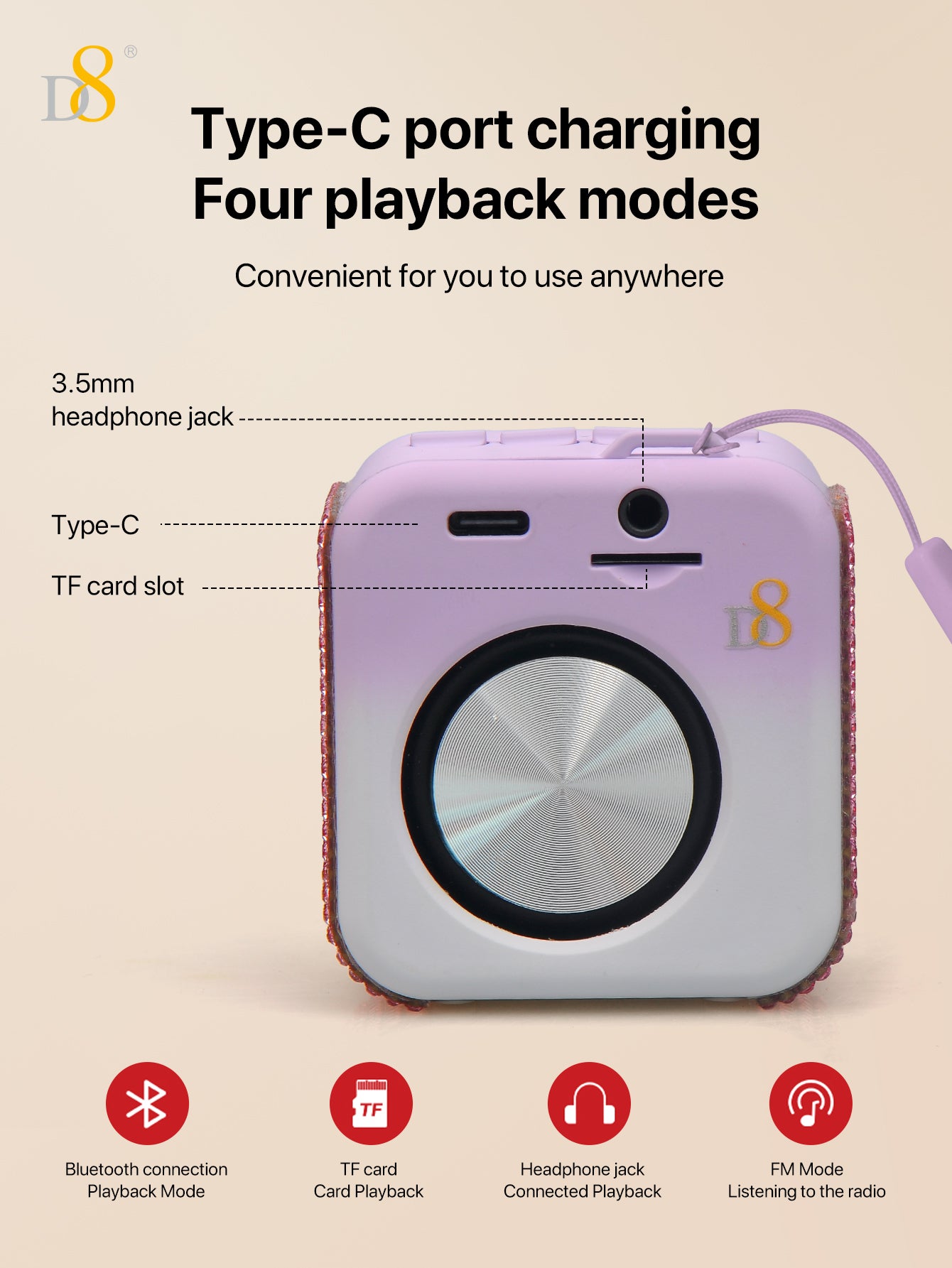 D8 Portable Bluetooth Speaker – 10H Playtime, 5W Stereo Sound, Mic, Outdoor Ready