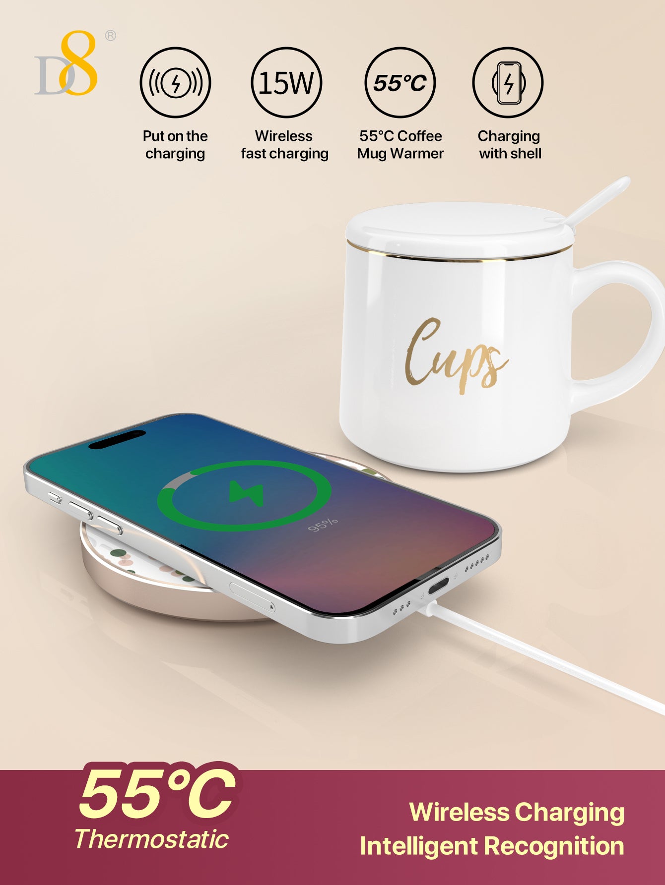 Wireless Charging Coffee Mug - 55℃ Thermostatic, Aluminum | Mobile Accessories
