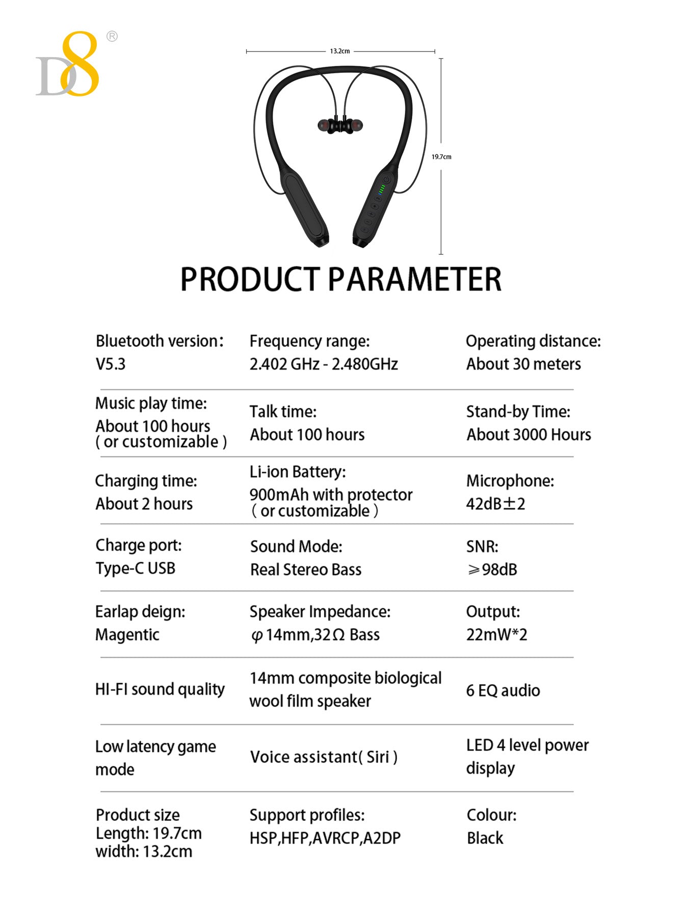 D8 Neckband Wireless Headphones 100H Bluetooth Waterproof Mic