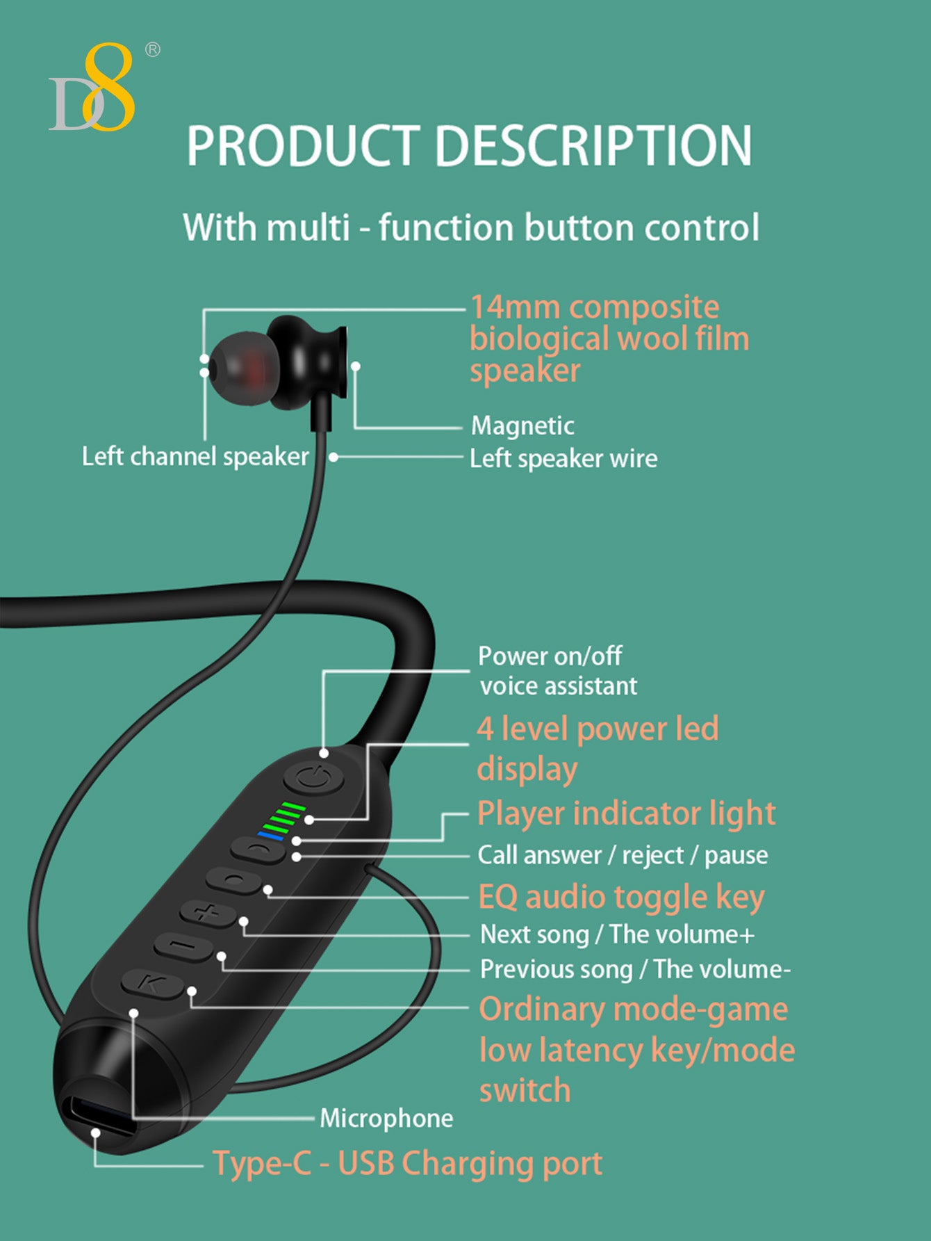 D8 Neckband Wireless Headphones 100H Bluetooth Waterproof Mic