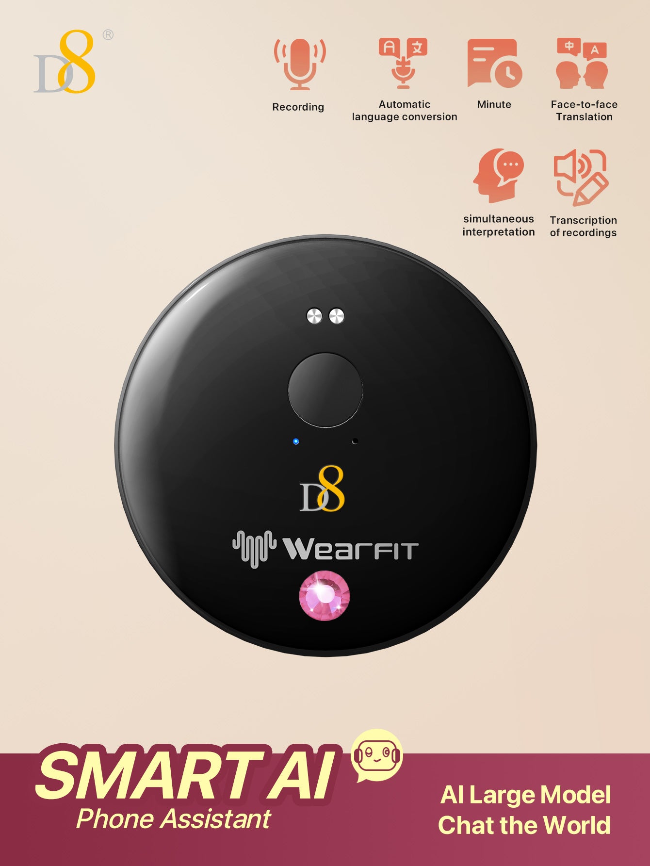 D8 AI Translator Recorder – 50+ Languages, No Fees, App-Controlled for Travel & Business