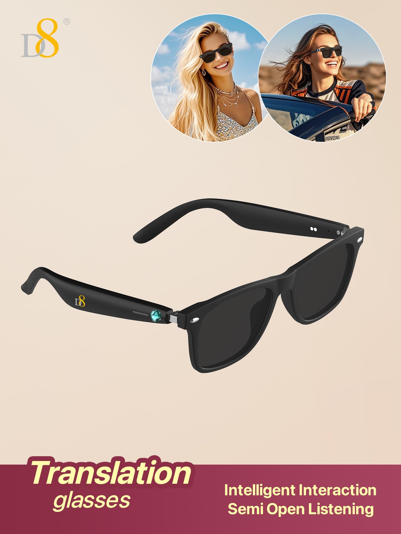 D8 Smart Bluetooth Glasses,Built-in Mic & Speakers,Smart Wireless Headphone Sunglasses for Men and Women,Athletic/Outdoor UV Protection and Voice Control,Unisex(Black)