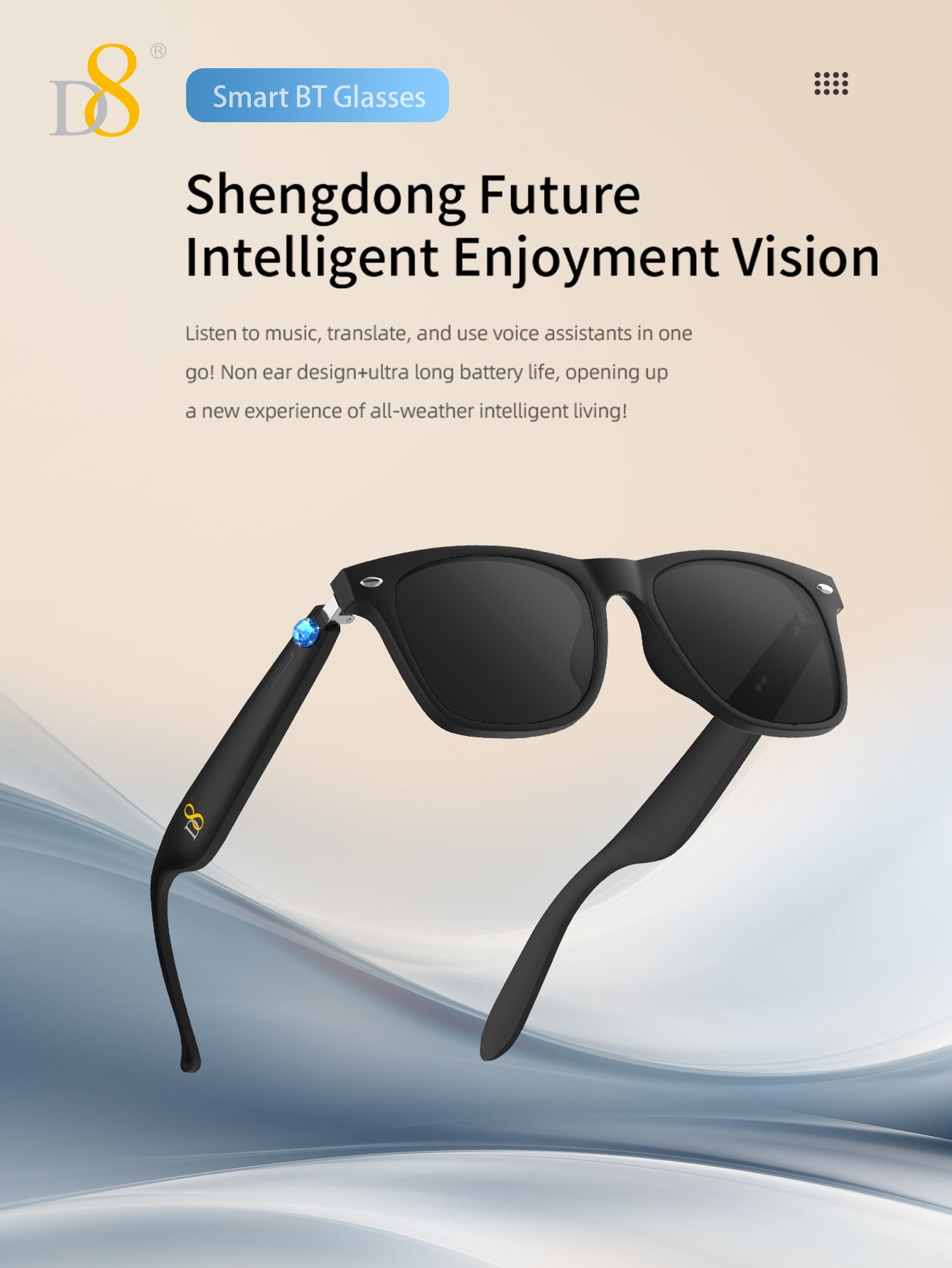 D8 Smart Bluetooth Glasses,Built-in Mic & Speakers,Smart Wireless Headphone Sunglasses for Men and Women,Athletic/Outdoor UV Protection and Voice Control,Unisex(Black)