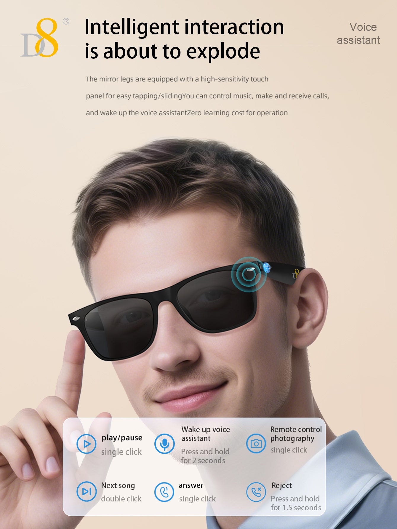 D8 Smart Bluetooth Glasses,Built-in Mic & Speakers,Smart Wireless Headphone Sunglasses for Men and Women,Athletic/Outdoor UV Protection and Voice Control,Unisex(Black)