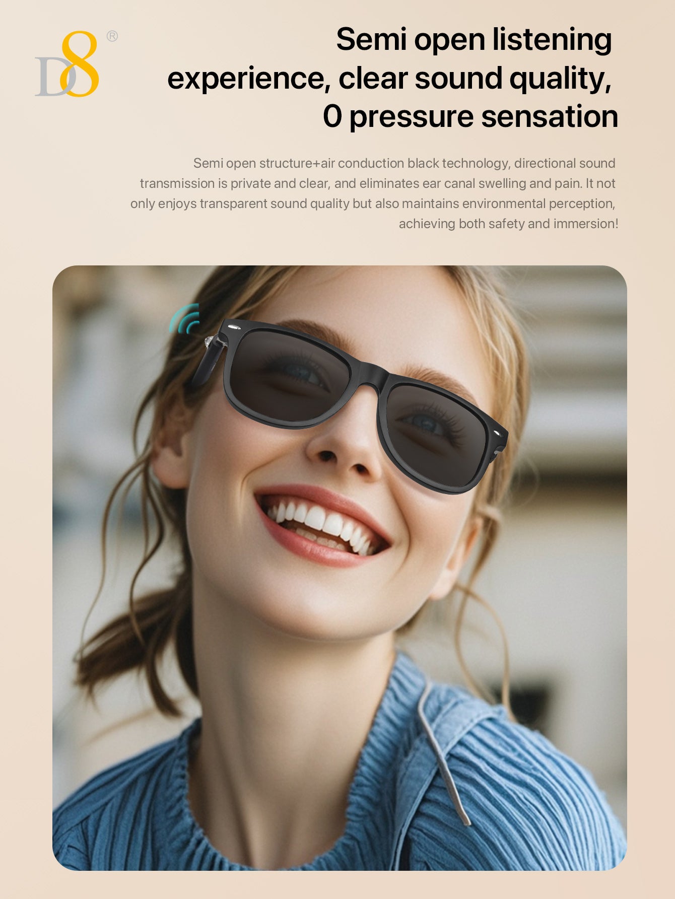 D8 Smart Bluetooth Glasses,Built-in Mic & Speakers,Smart Wireless Headphone Sunglasses for Men and Women,Athletic/Outdoor UV Protection and Voice Control,Unisex(Black)