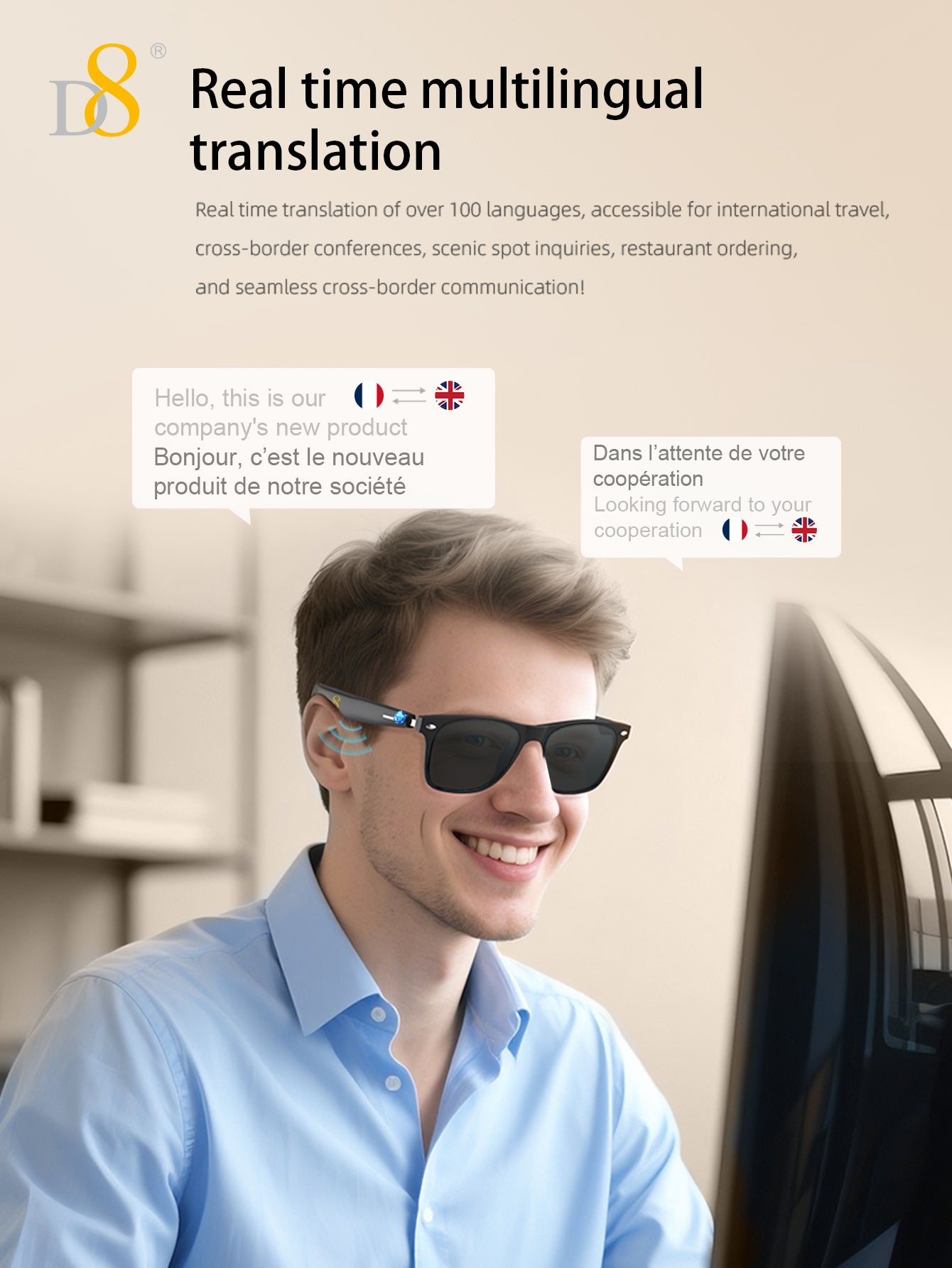 D8 Smart Bluetooth Glasses,Built-in Mic & Speakers,Smart Wireless Headphone Sunglasses for Men and Women,Athletic/Outdoor UV Protection and Voice Control,Unisex(Black)