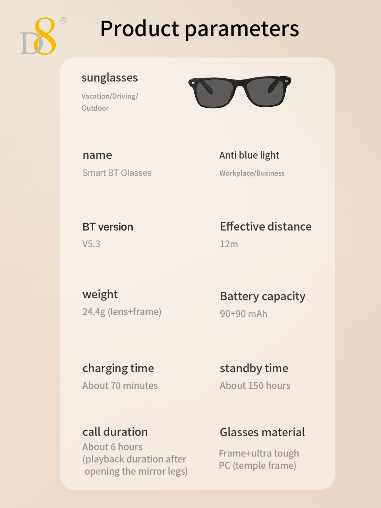 D8 Smart Bluetooth Glasses,Built-in Mic & Speakers,Smart Wireless Headphone Sunglasses for Men and Women,Athletic/Outdoor UV Protection and Voice Control,Unisex(Black)
