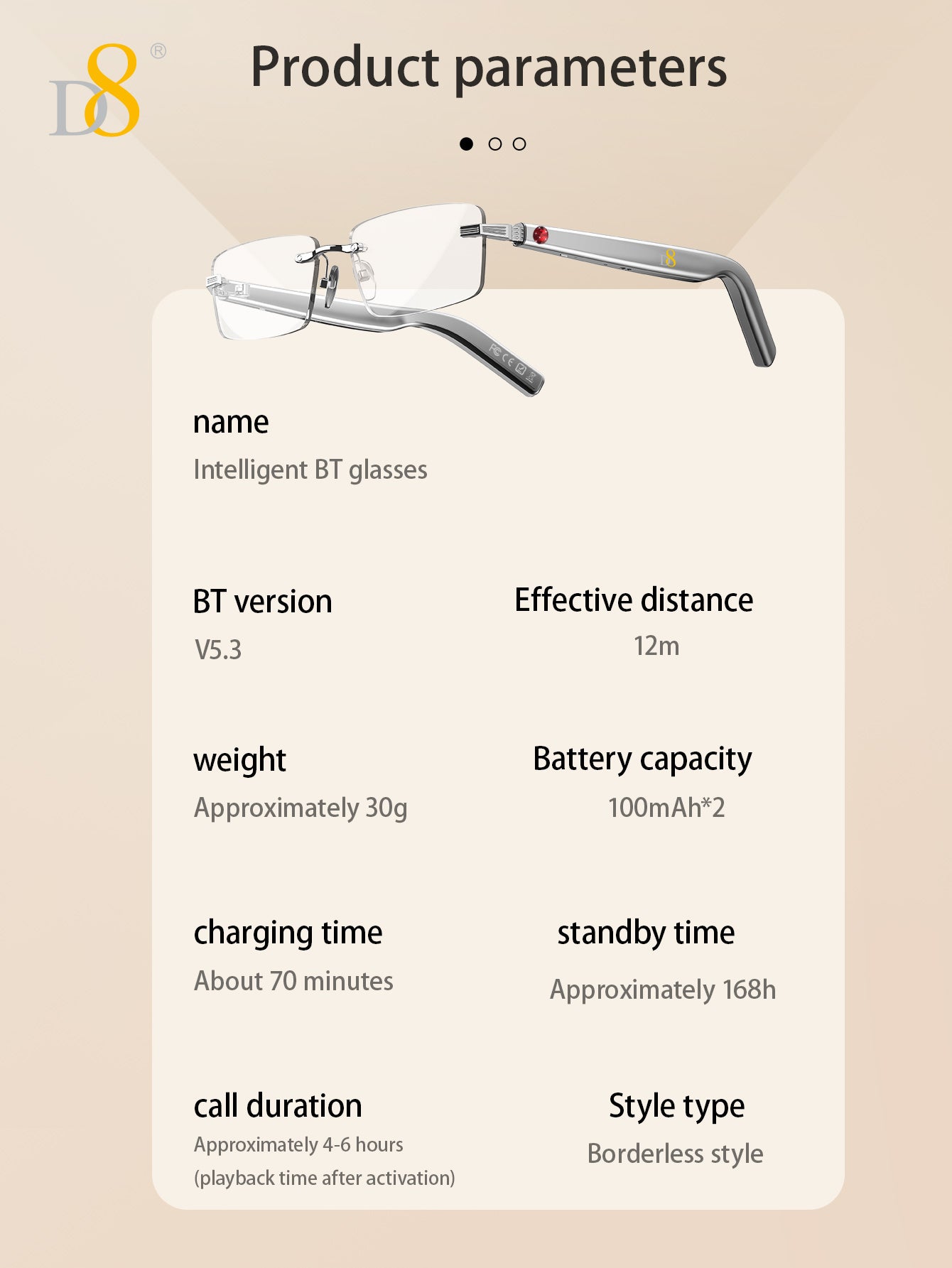 D8 Smart Bluetooth Glasses for Women, Blue Light Filtering Photochromic Transition Lenses, Touch Control and Voice Control, Professional-Grade Eye Protection, Ultra-Light Wireless Eyewear for Office/Reading