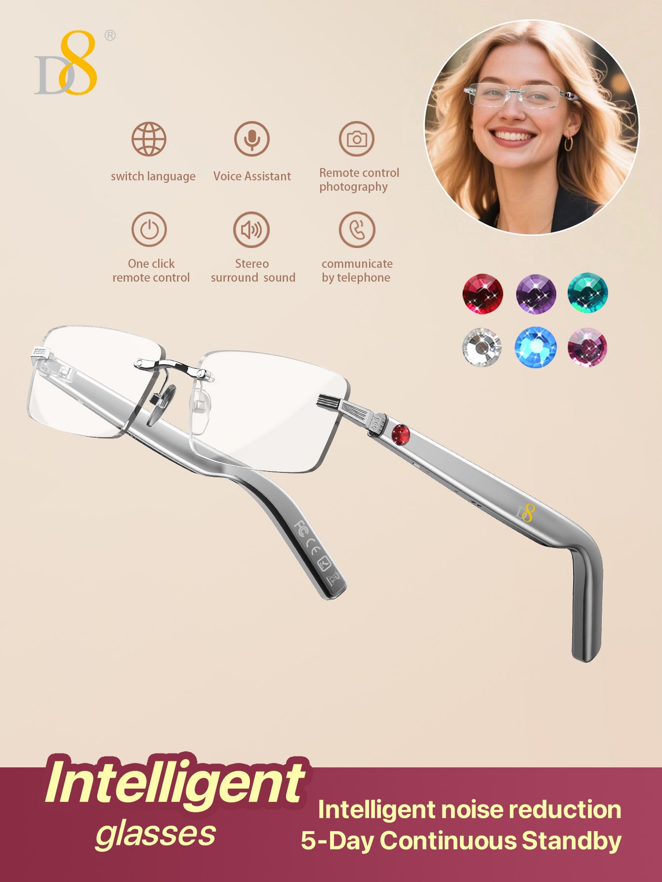 D8 Smart Bluetooth Glasses for Women, Blue Light Filtering Photochromic Transition Lenses, Touch Control and Voice Control, Professional-Grade Eye Protection, Ultra-Light Wireless Eyewear for Office/Reading