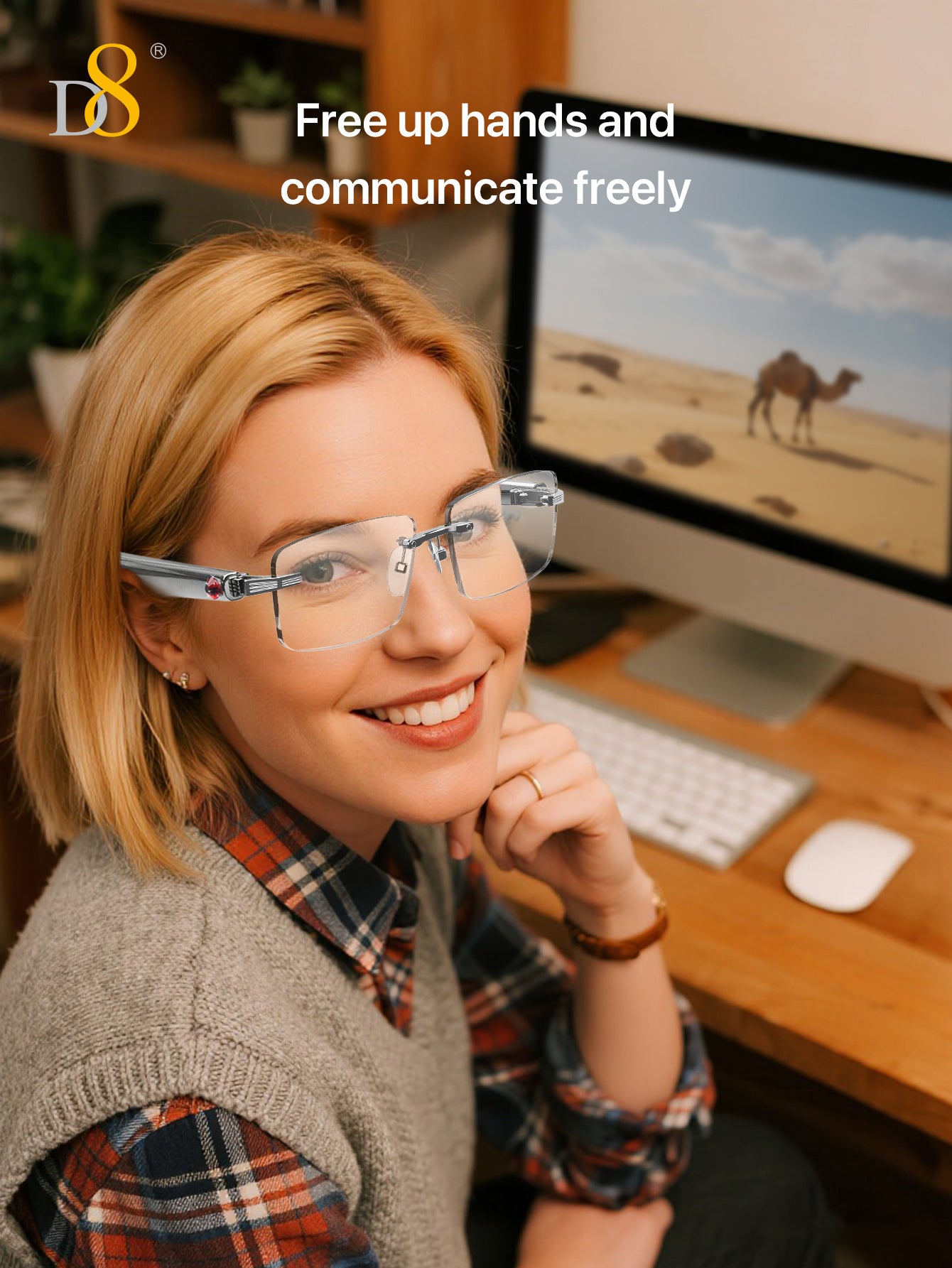 D8 Smart Bluetooth Glasses for Women, Blue Light Filtering Photochromic Transition Lenses, Touch Control and Voice Control, Professional-Grade Eye Protection, Ultra-Light Wireless Eyewear for Office/Reading