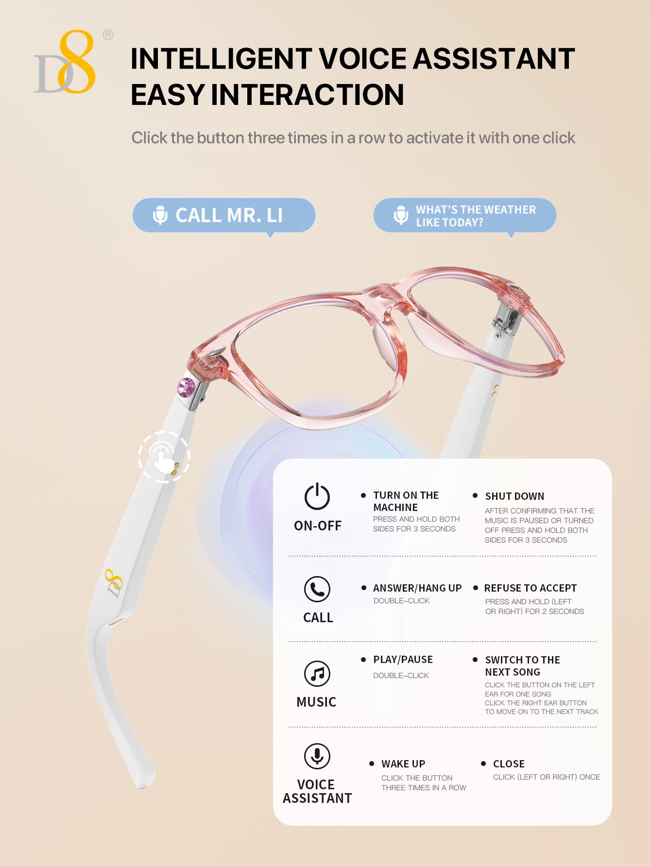 D8 Smart Bluetooth Glasses for Women, Blue Light Filtering Photochromic Transition Lenses, Touch Control and Voice Control, Professional-Grade Eye Protection, Ultra-Light Wireless Eyewear for Office/Reading