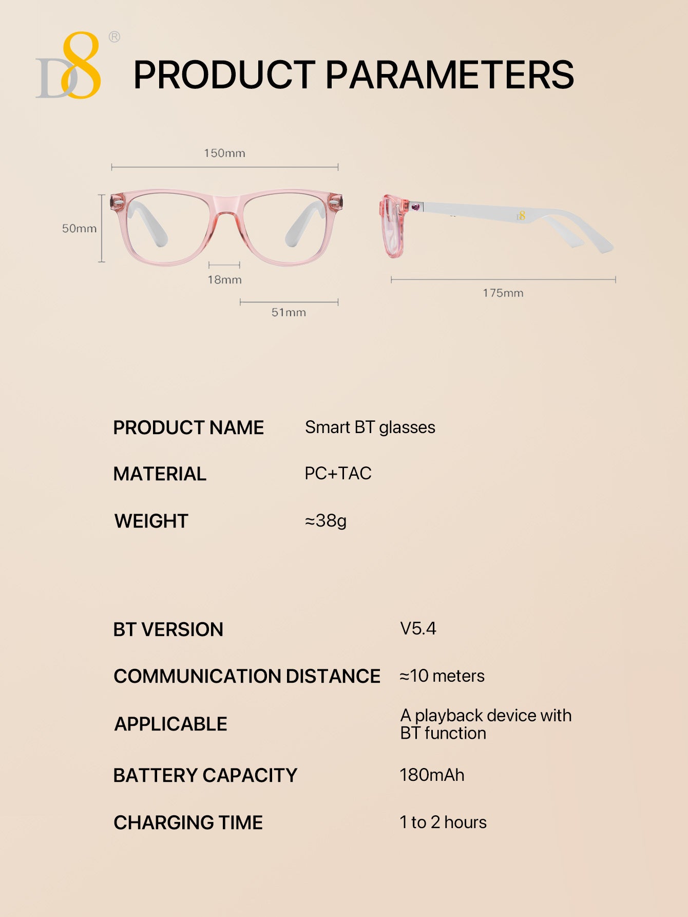 D8 Smart Bluetooth Glasses for Women, Blue Light Filtering Photochromic Transition Lenses, Touch Control and Voice Control, Professional-Grade Eye Protection, Ultra-Light Wireless Eyewear for Office/Reading