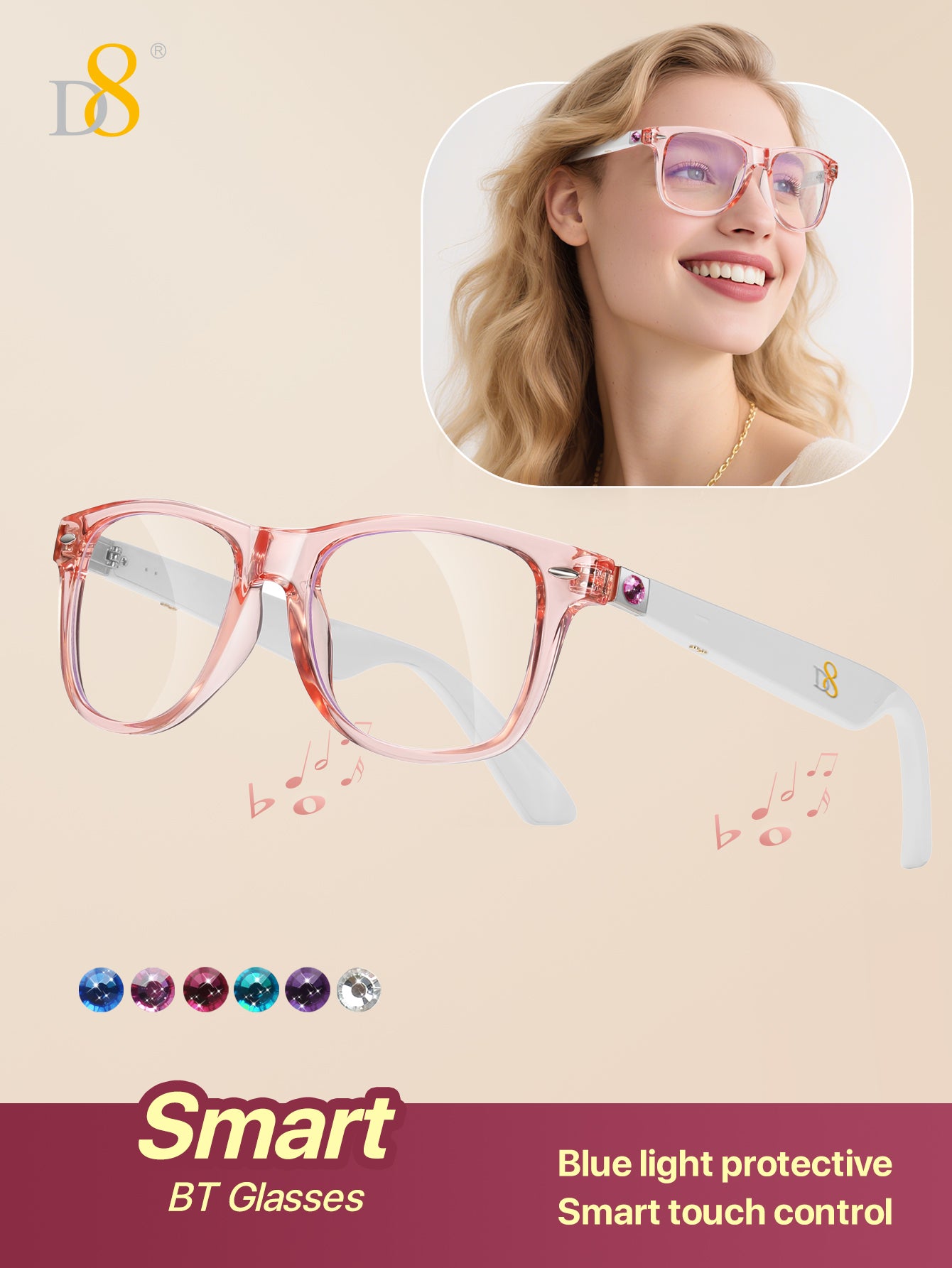 D8 Smart Bluetooth Glasses for Women, Blue Light Filtering Photochromic Transition Lenses, Touch Control and Voice Control, Professional-Grade Eye Protection, Ultra-Light Wireless Eyewear for Office/Reading