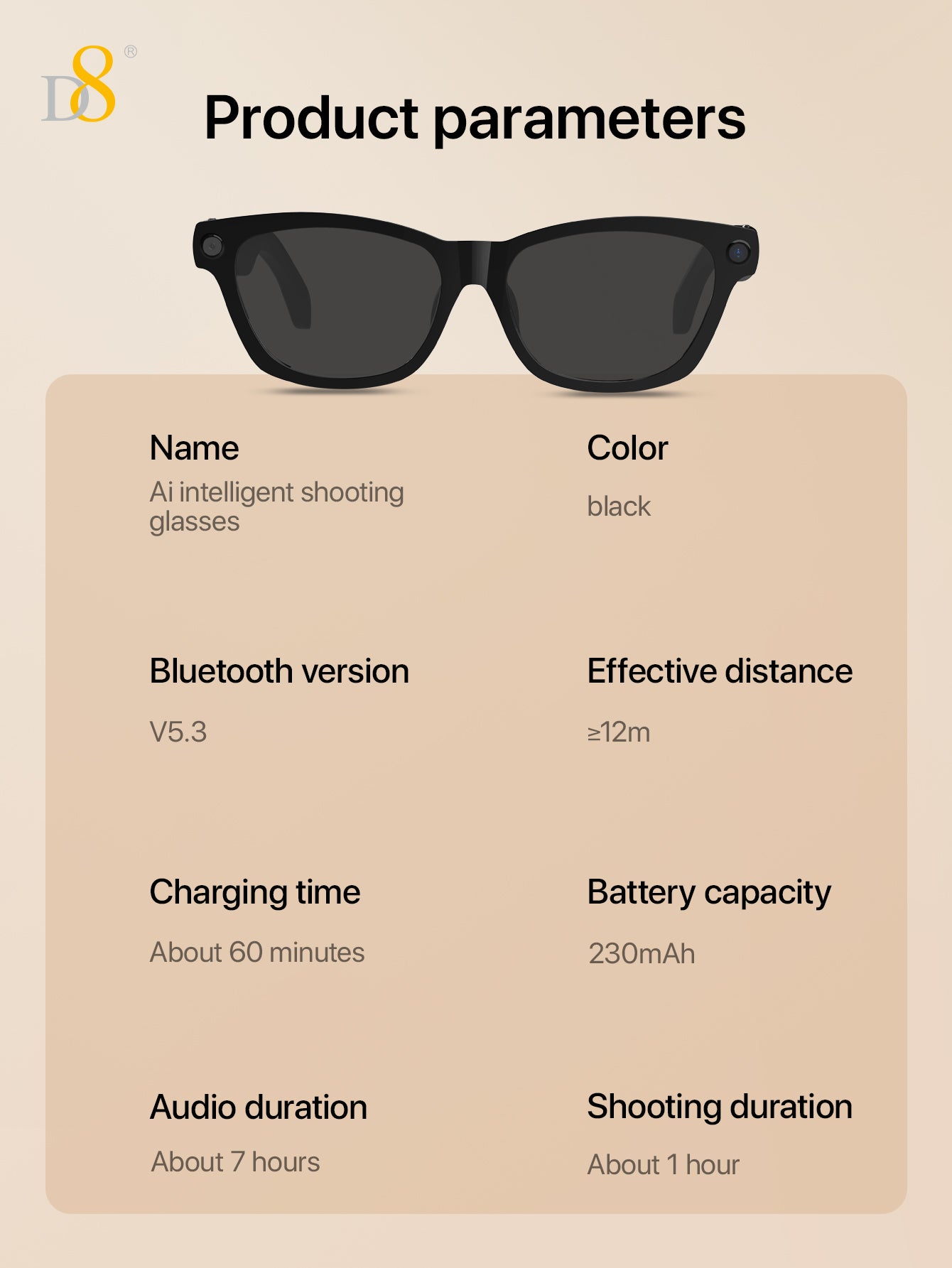 D8 Ai Translation Smart Glasses, Smart Glasses with AI Translation,Support 110+ Languages, Speaker Sunglasses,Audio Eyewear with Music play &Hands-Free Calling,Multifunctional Headphones glasses for Men WomenBuilt-in Mic & Speakers,Smart Wireless